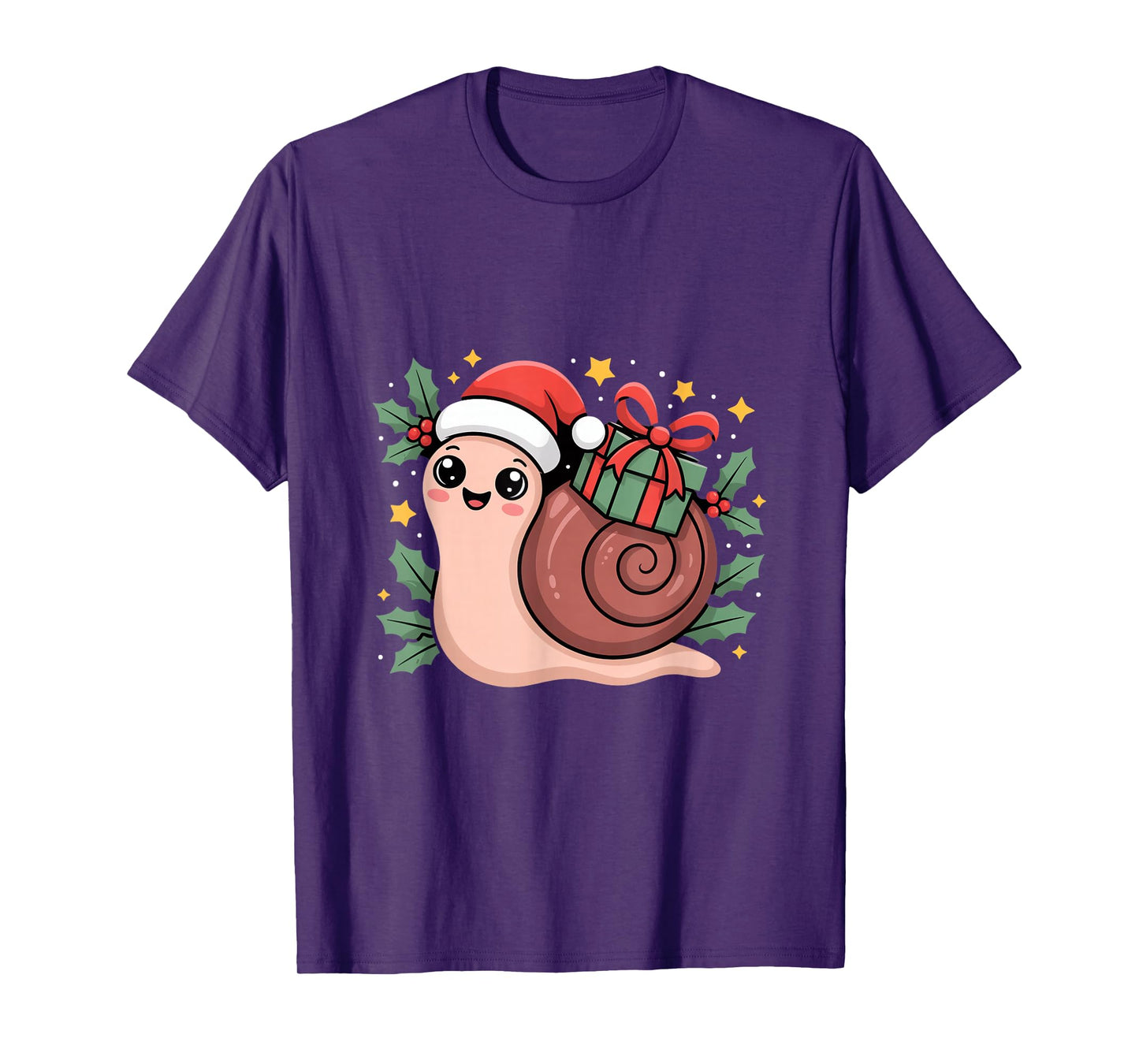 Kawaii Santa Snail with Wrapped Box and Holly Stars T-Shirt