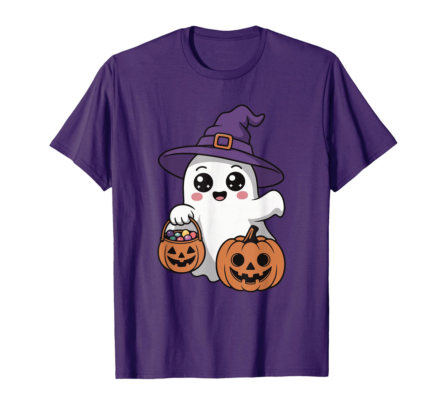 Cute Ghost with Pumpkin Candy Funny Halloween Trick or Treat T-Shirt