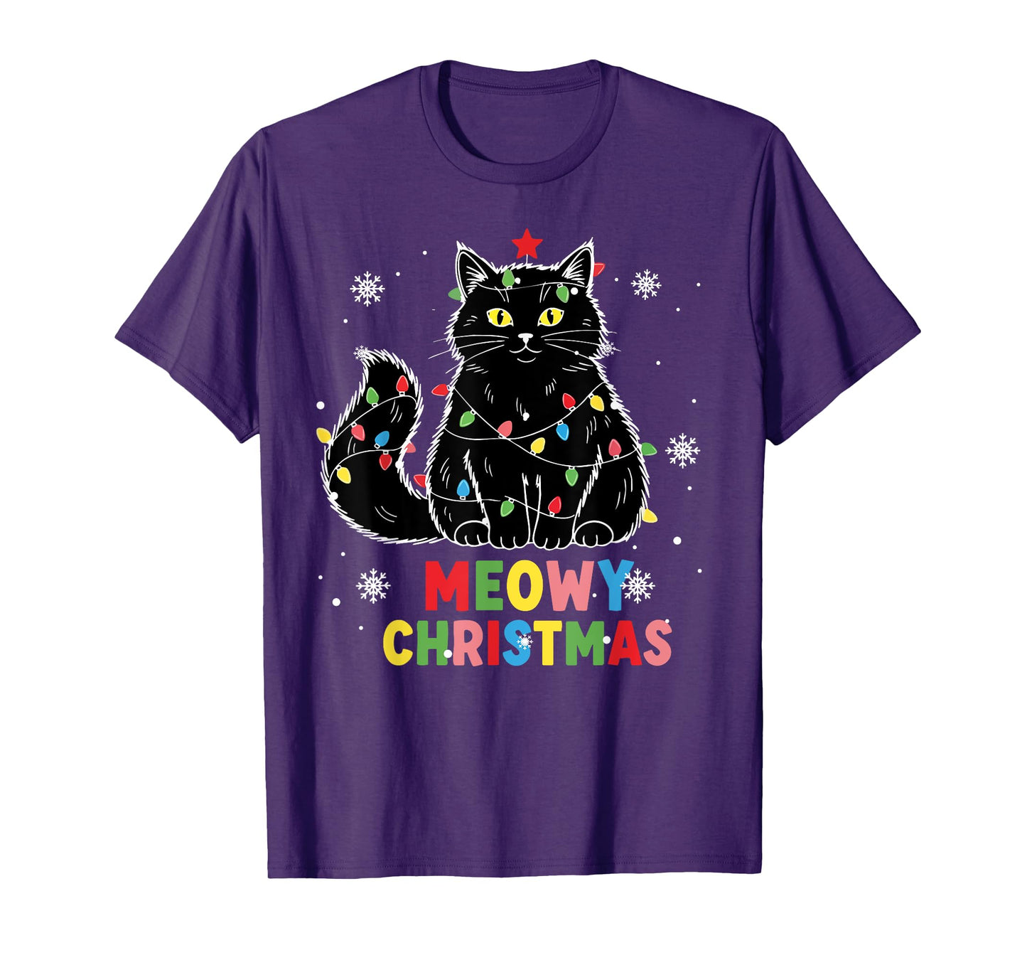Funny Meowy Christmas Xmas Lights Black Cat Pajamas Family T-Shirt