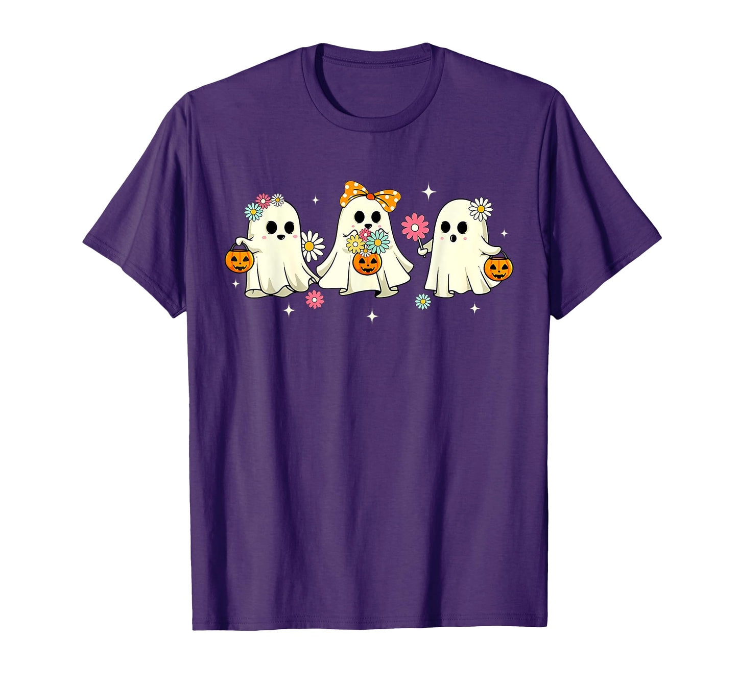 Cute Ghost Floral Groovy Vintage Halloween Spooky Season T-Shirt