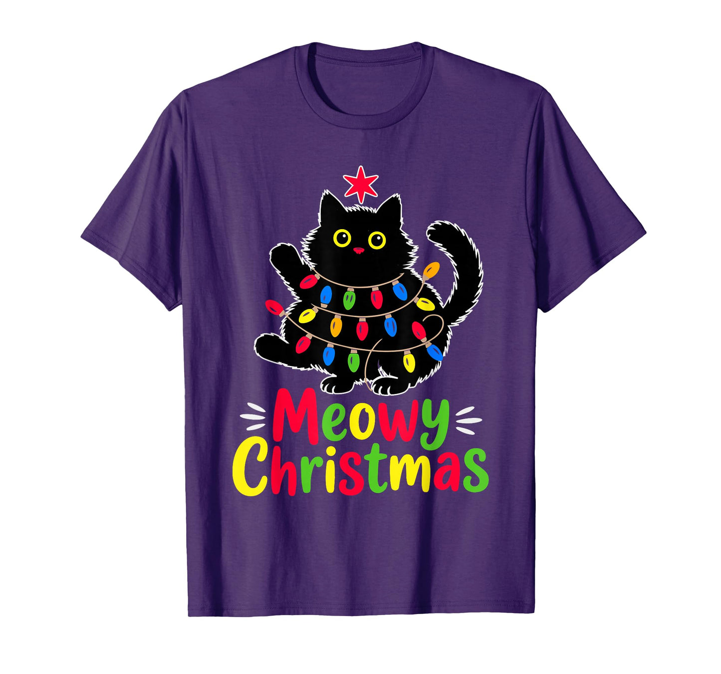 Meowy Christmas Xmas Lights Black Cat Funny Men Women Kids T-Shirt