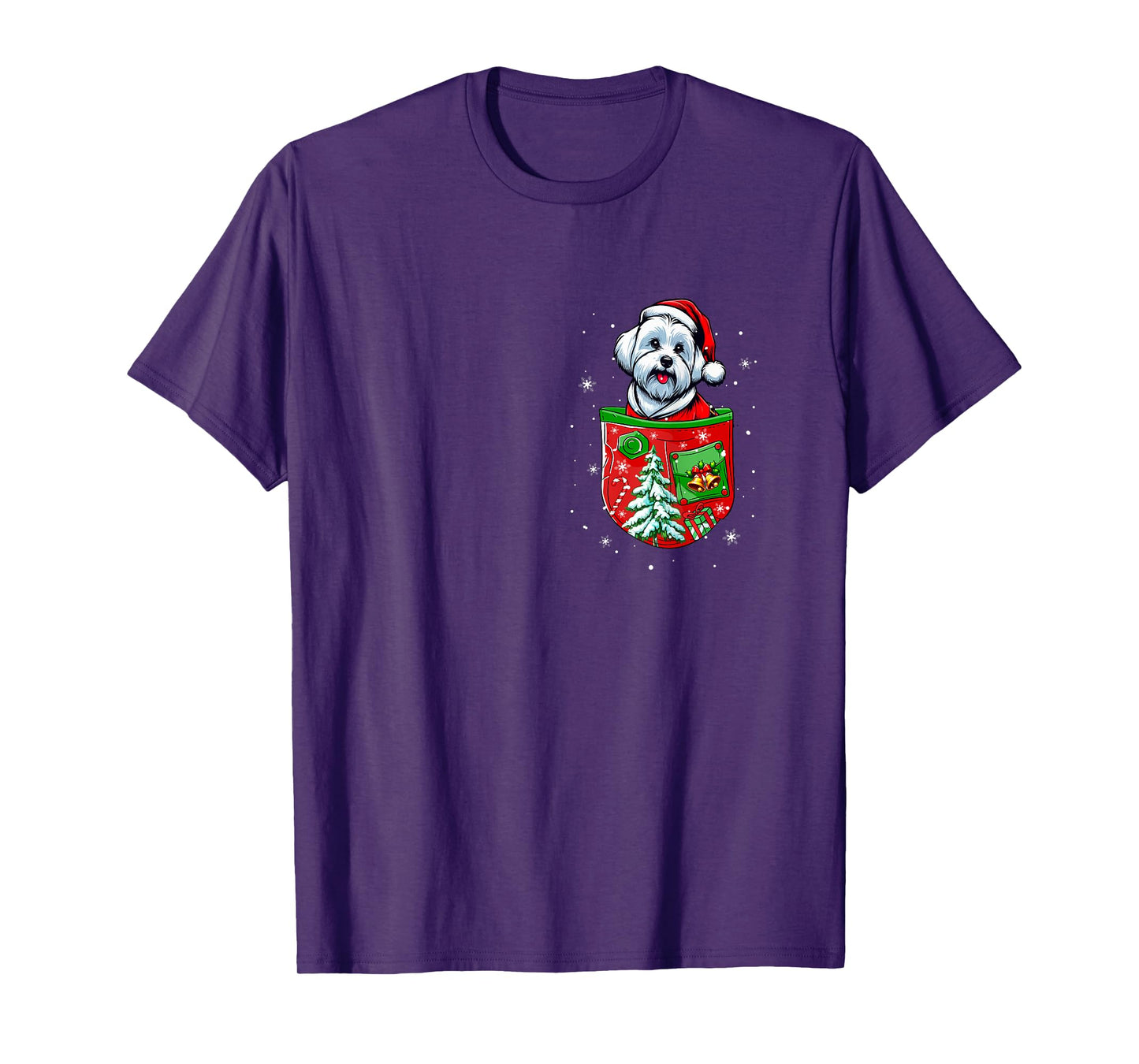 Santa Maltese in Pocket Owner Christmas Tree Bells T-Shirt