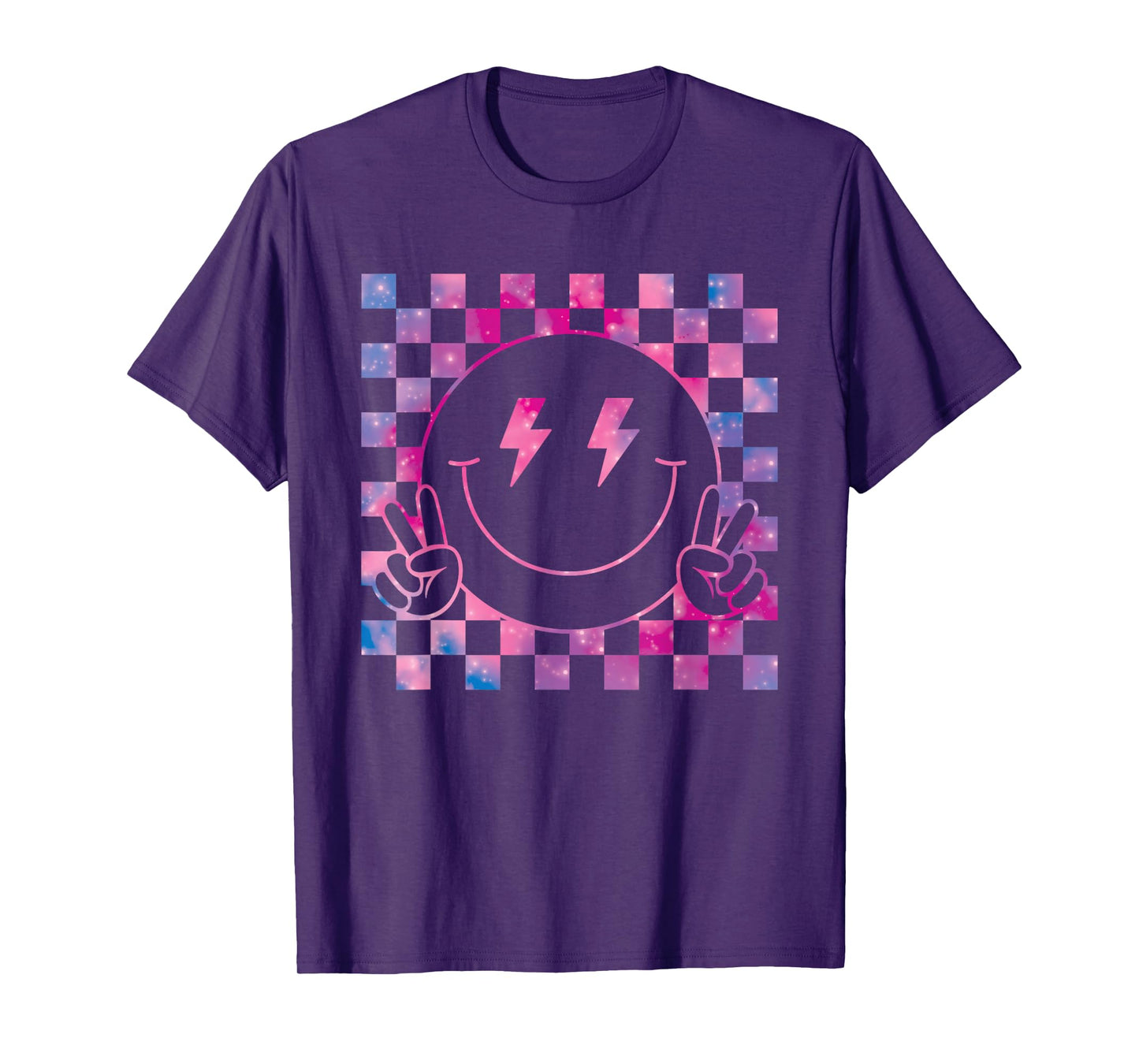 Checkered Lightning Bolt Eyes Happy Smiling Smile Face Peace T-Shirt