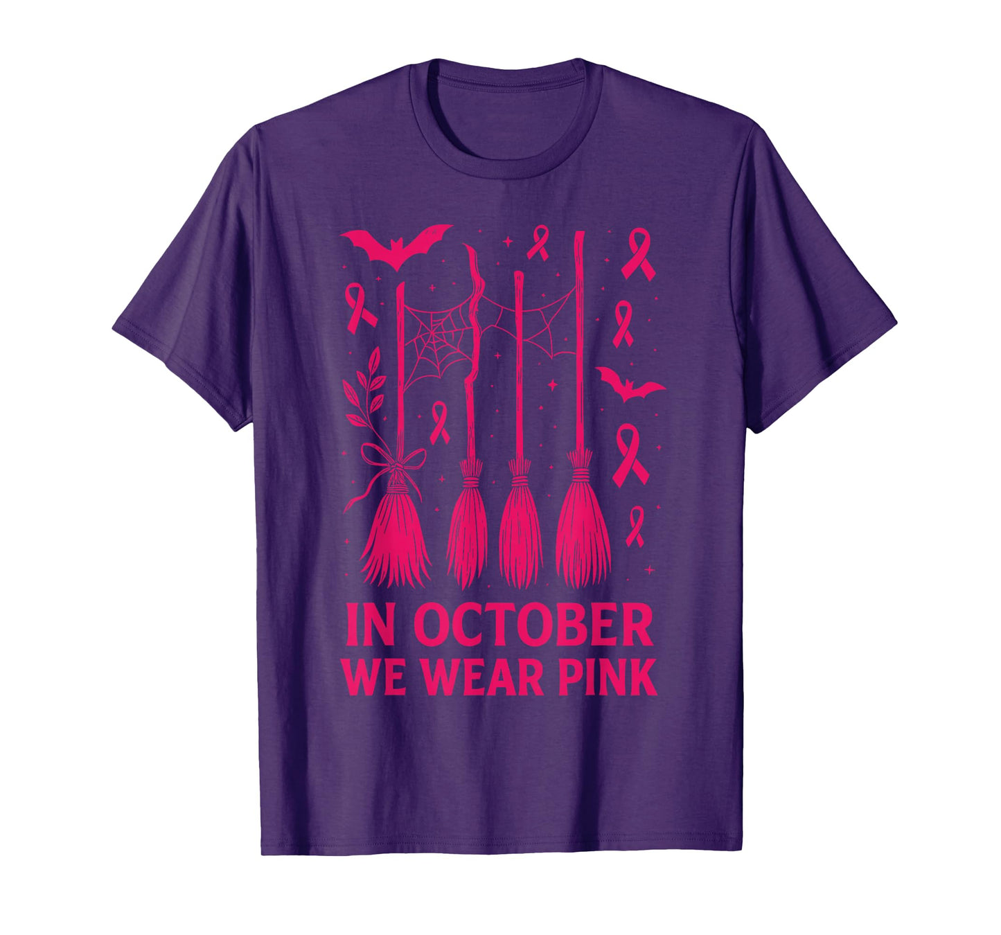 in October We Wear Pink Witch Broom Awareness T-Shirt