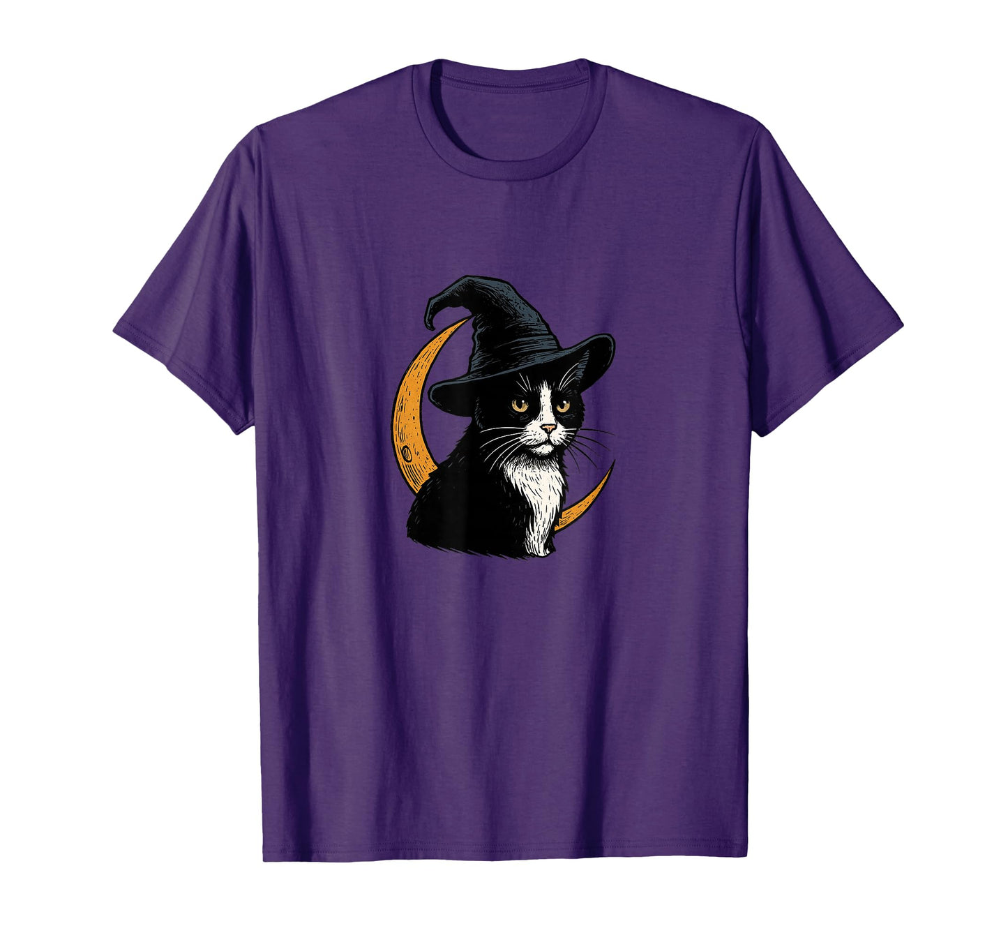 Black White Tuxedo Cat Witch Halloween Crescent Moon Design T-Shirt
