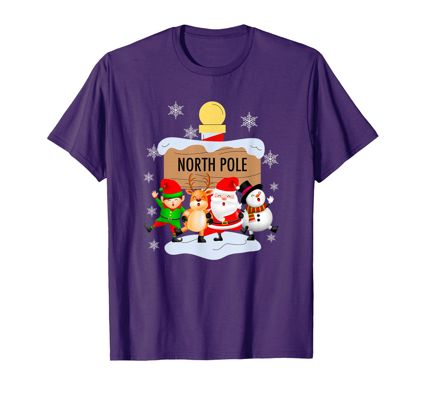 North Pole Santa Elf Reindeer Snowman Cartoon Christmas T-Shirt