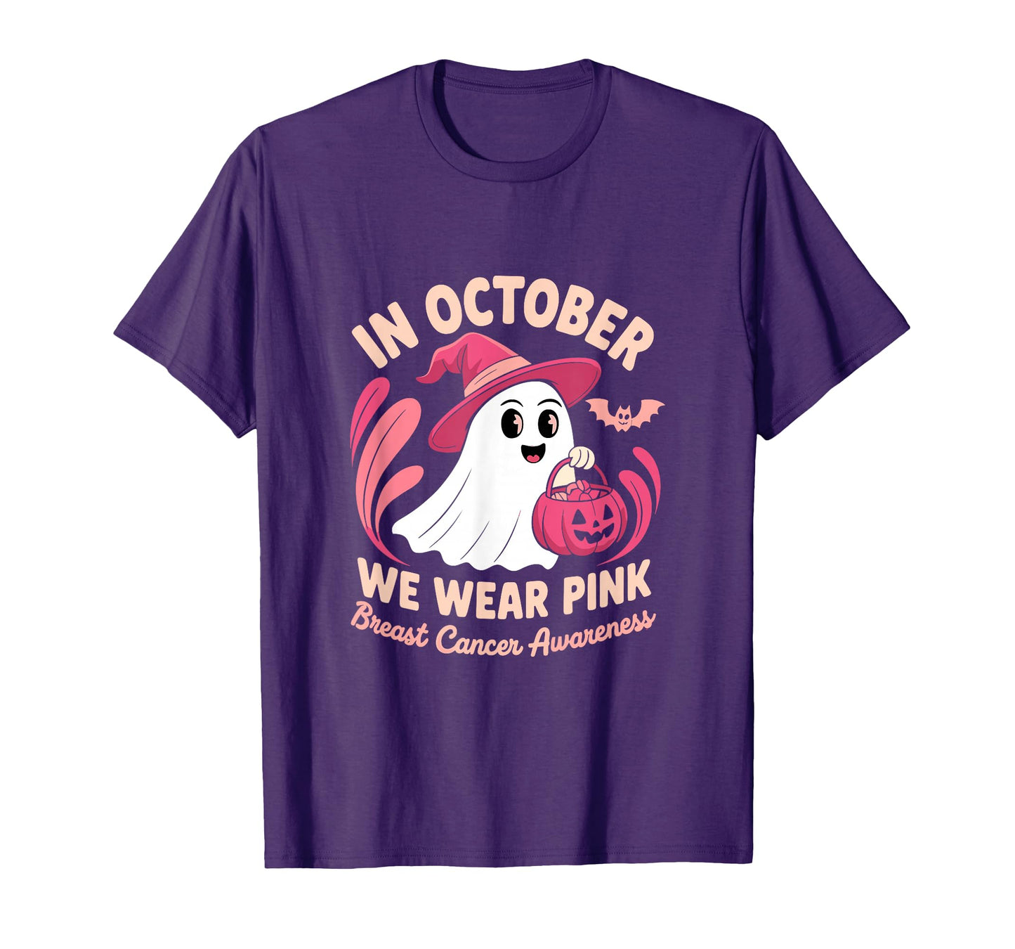 in October We Wear Pink Halloween Witch Ghost Pumpkin T-Shirt