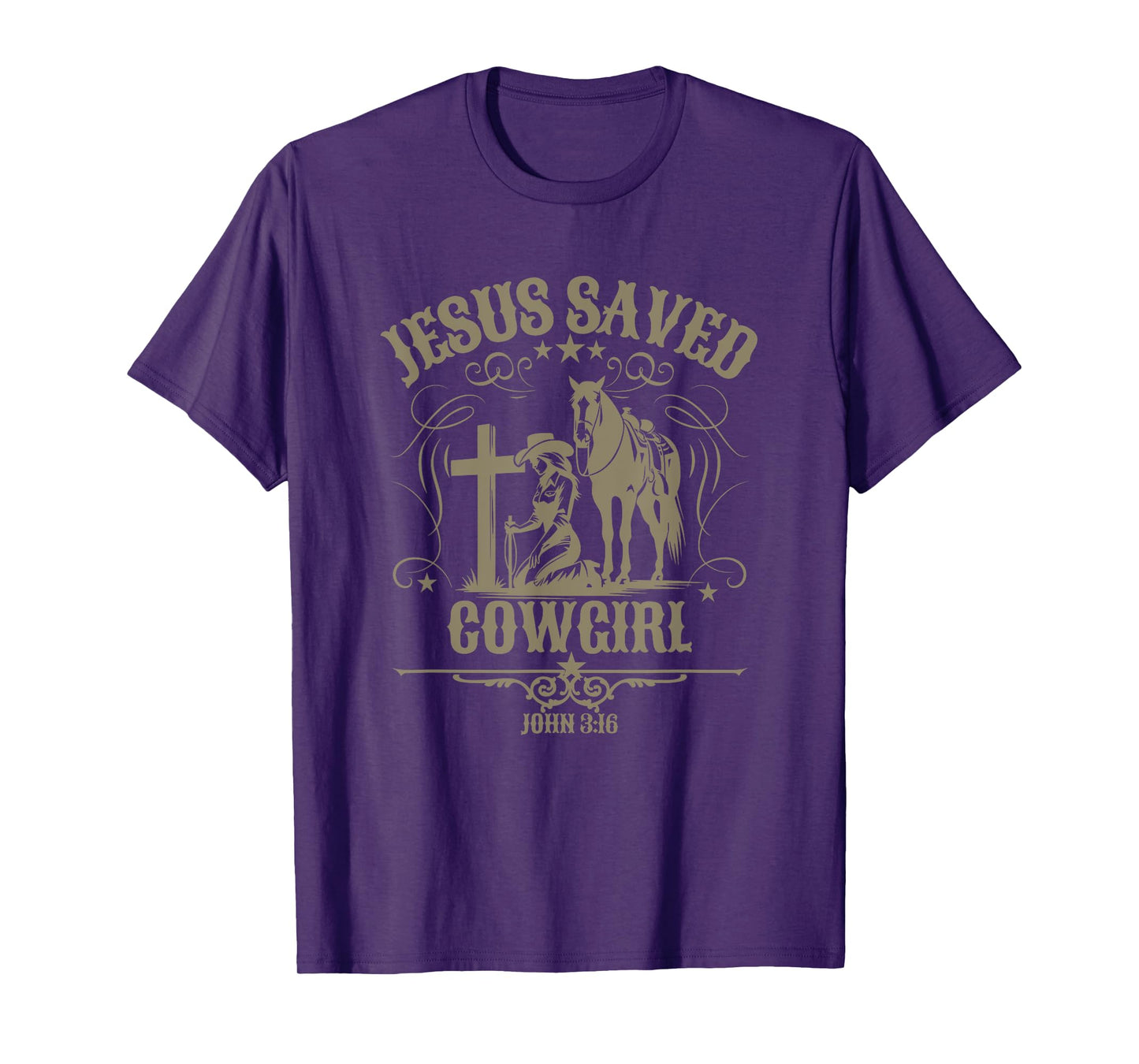 Christian Cowgirl Kneeling at Cross Western Scripture Jesus T-Shirt