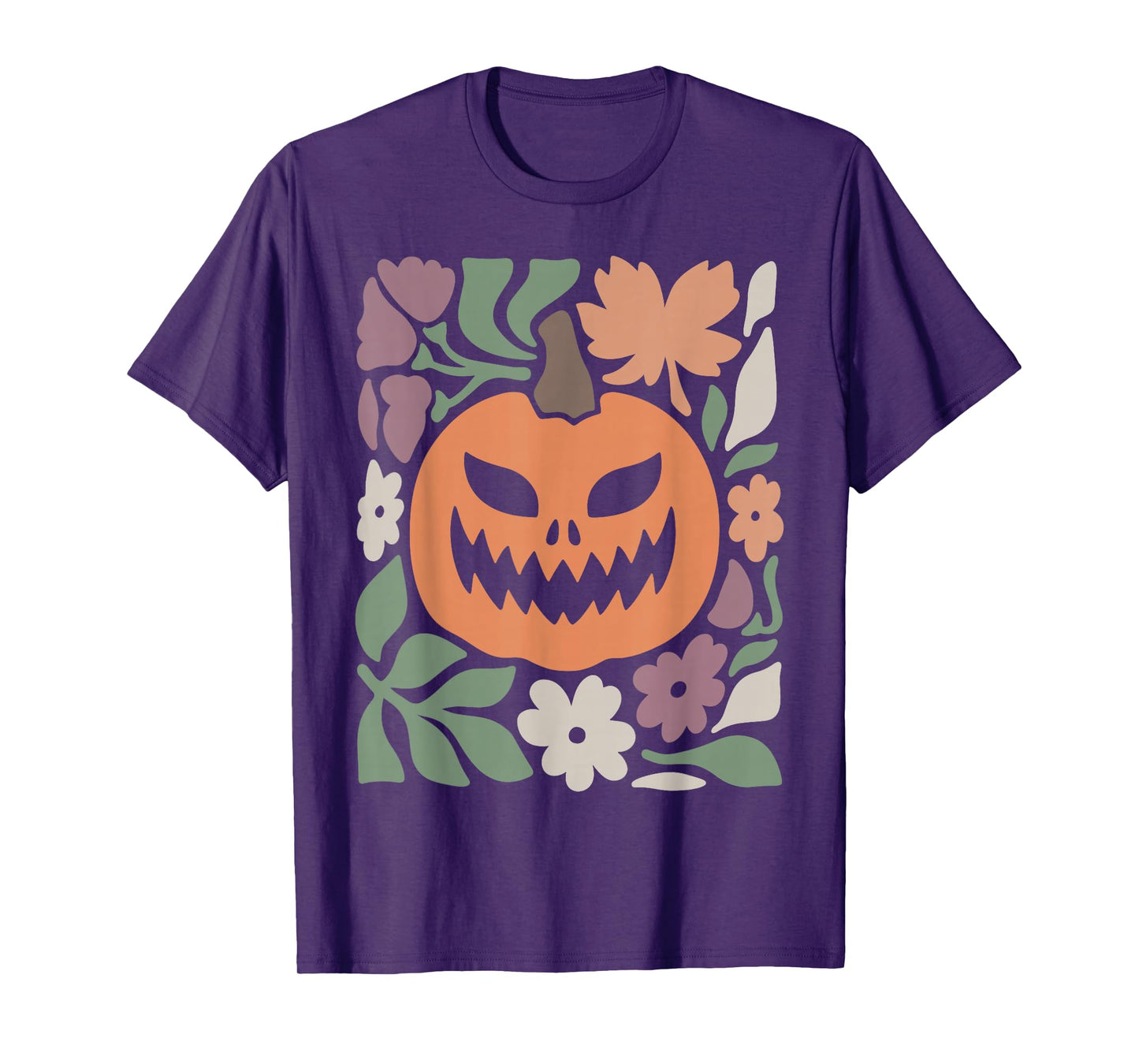 Scary Pumpkin Face Floral Halloween Spooky Jack O Lantern T-Shirt