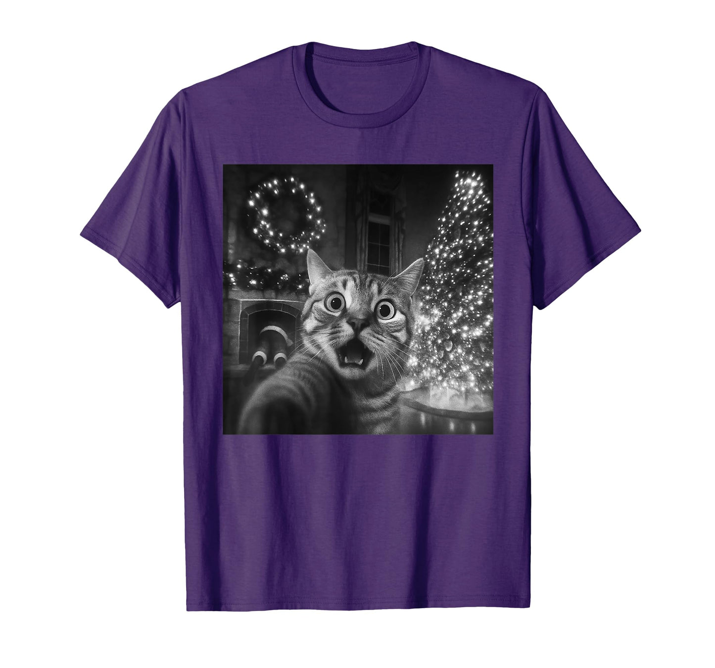 Funny Meme Cat Taking A Selfie Christmas Xmas Lights Holiday T-Shirt