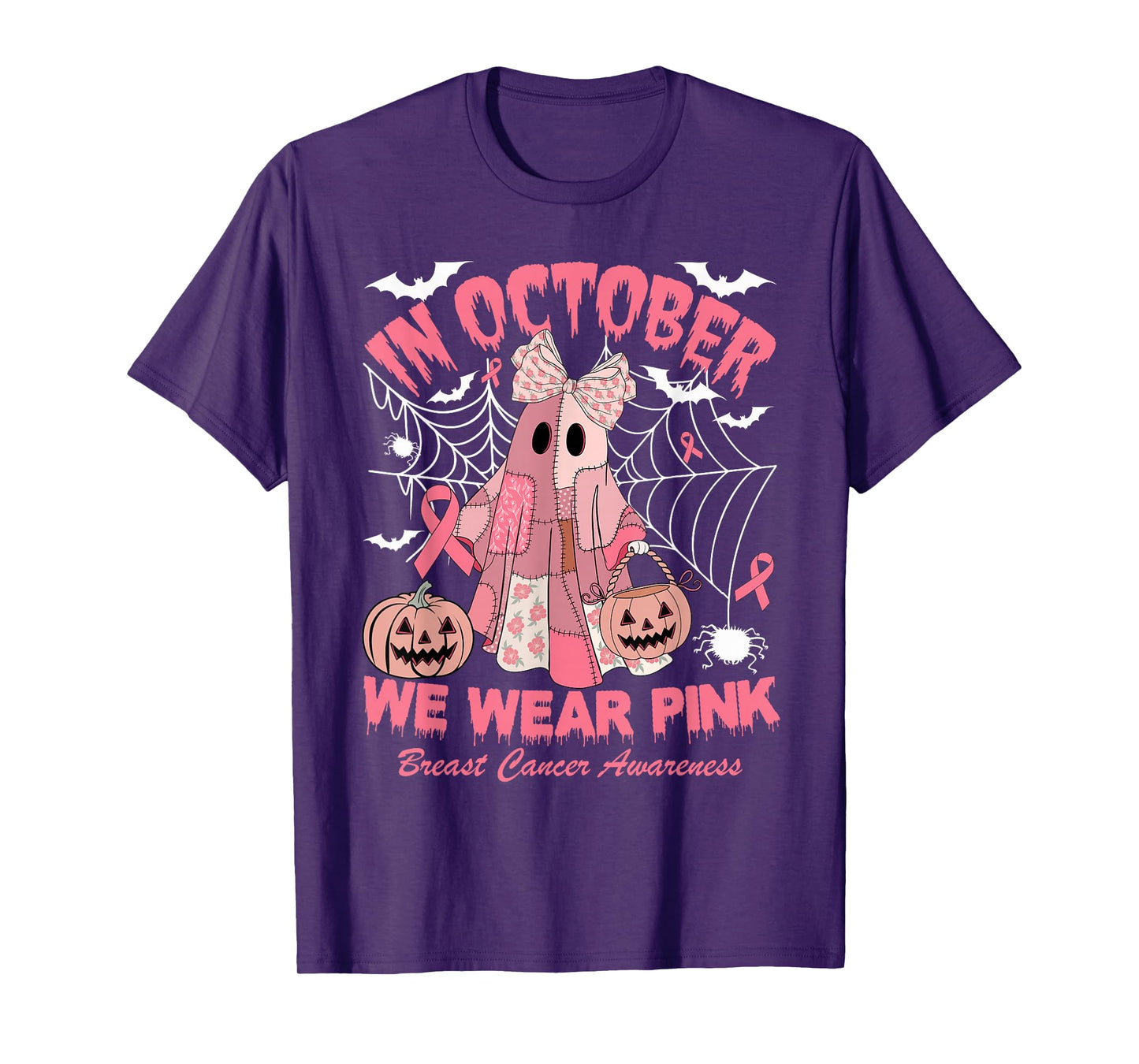 in October We Wear Pink Ghost Witch Breast Cancer Awareness T-Shirt