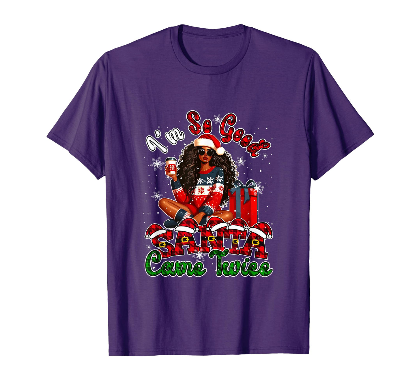 Funny Joke Santa Came Xmas Santa Afro Girl Drinking Coffee T-Shirt