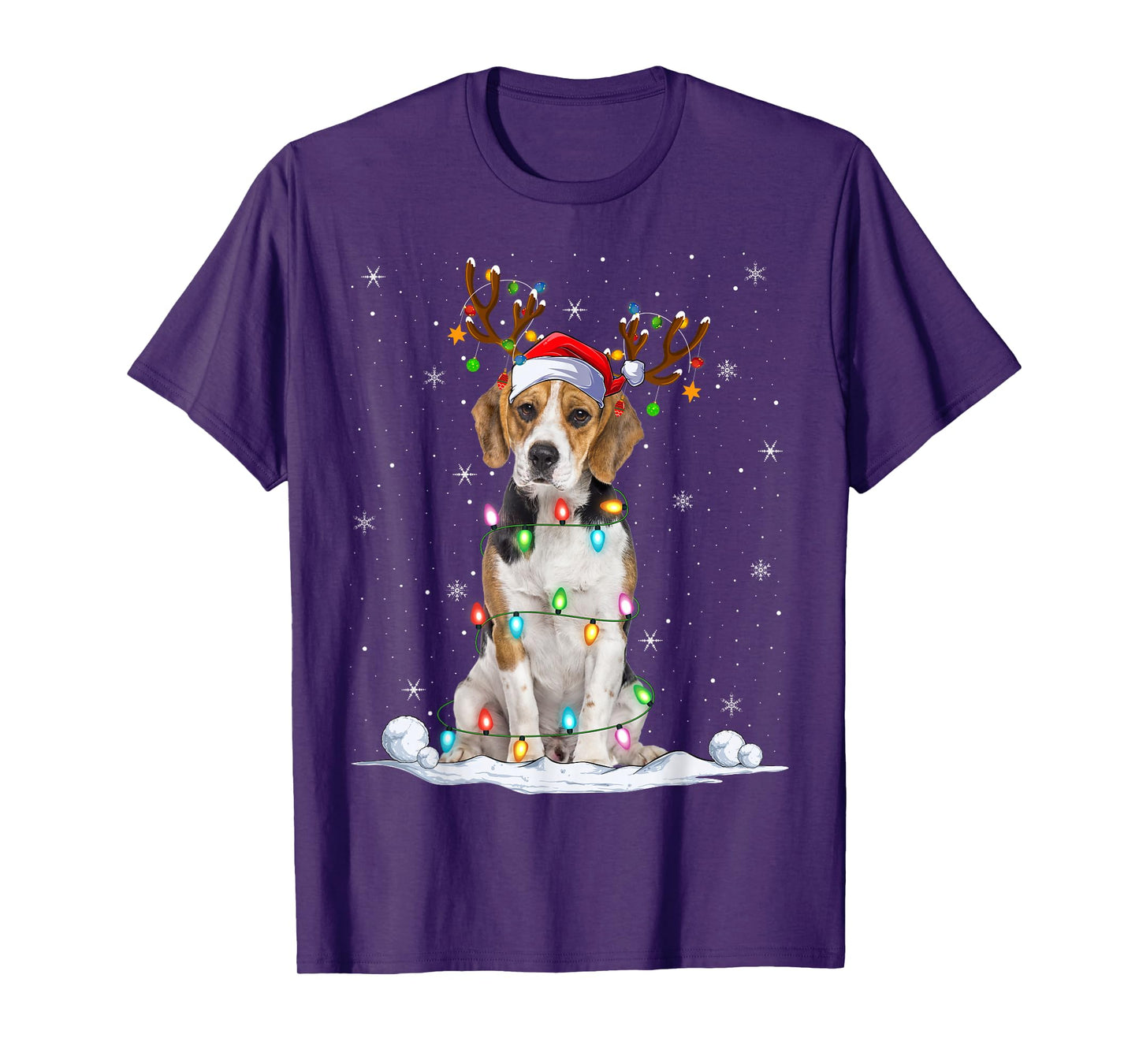 Beagle Dog Christmas Lights Reindeer Santa Hat Xmas Pajamas T-Shirt