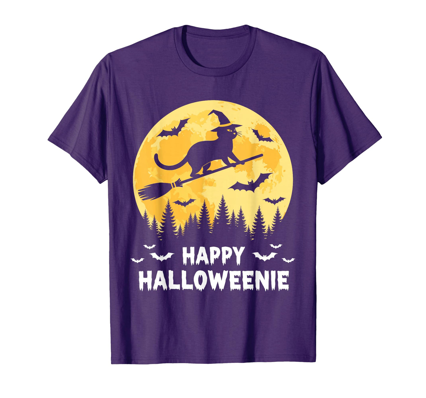 Happy Halloweenie Funny Halloween Cat Flying Witch T-Shirt