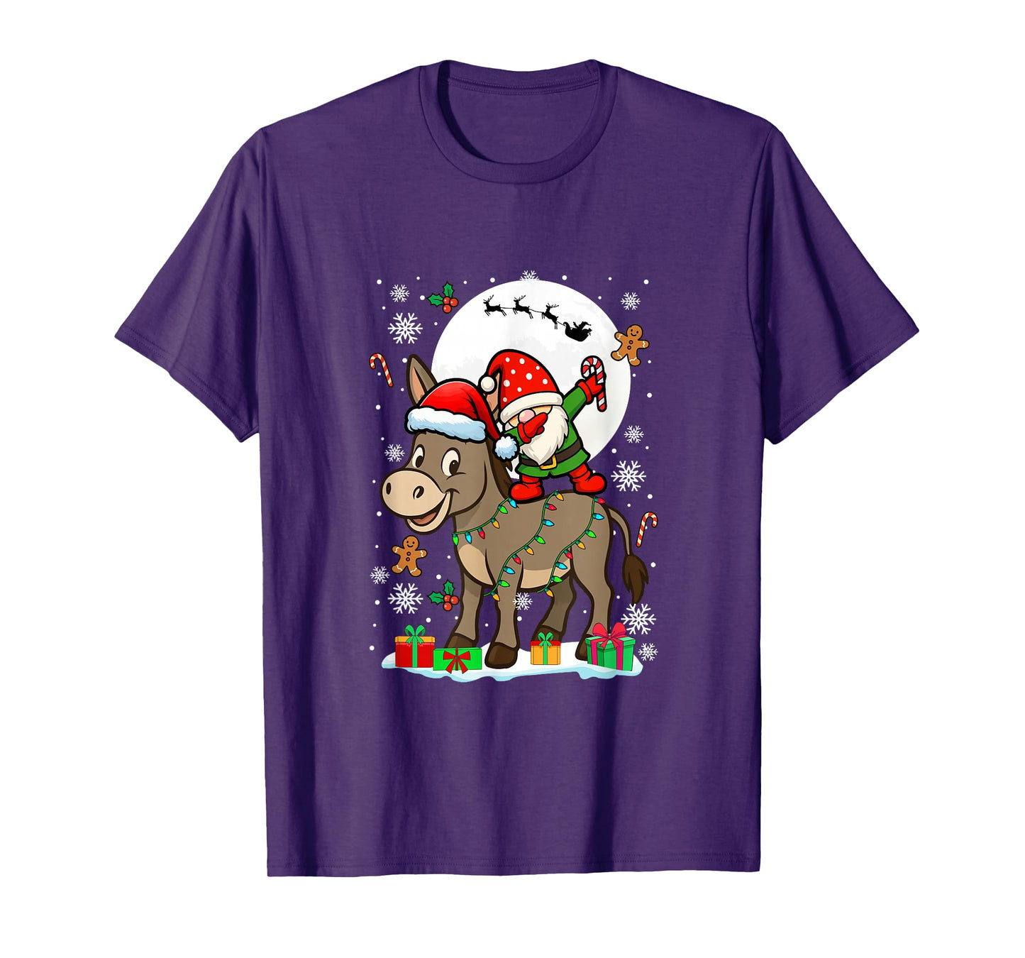 Dabbing Gnome On Donkey Christmas Santa Colorful Lights T-Shirt
