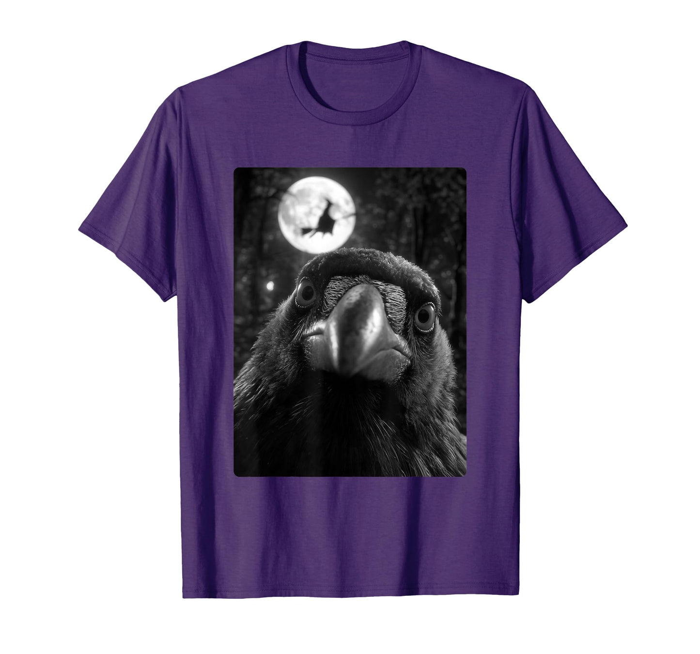 Funny Crow Selfie Full Moon Flying Witch Forest Halloween T-Shirt