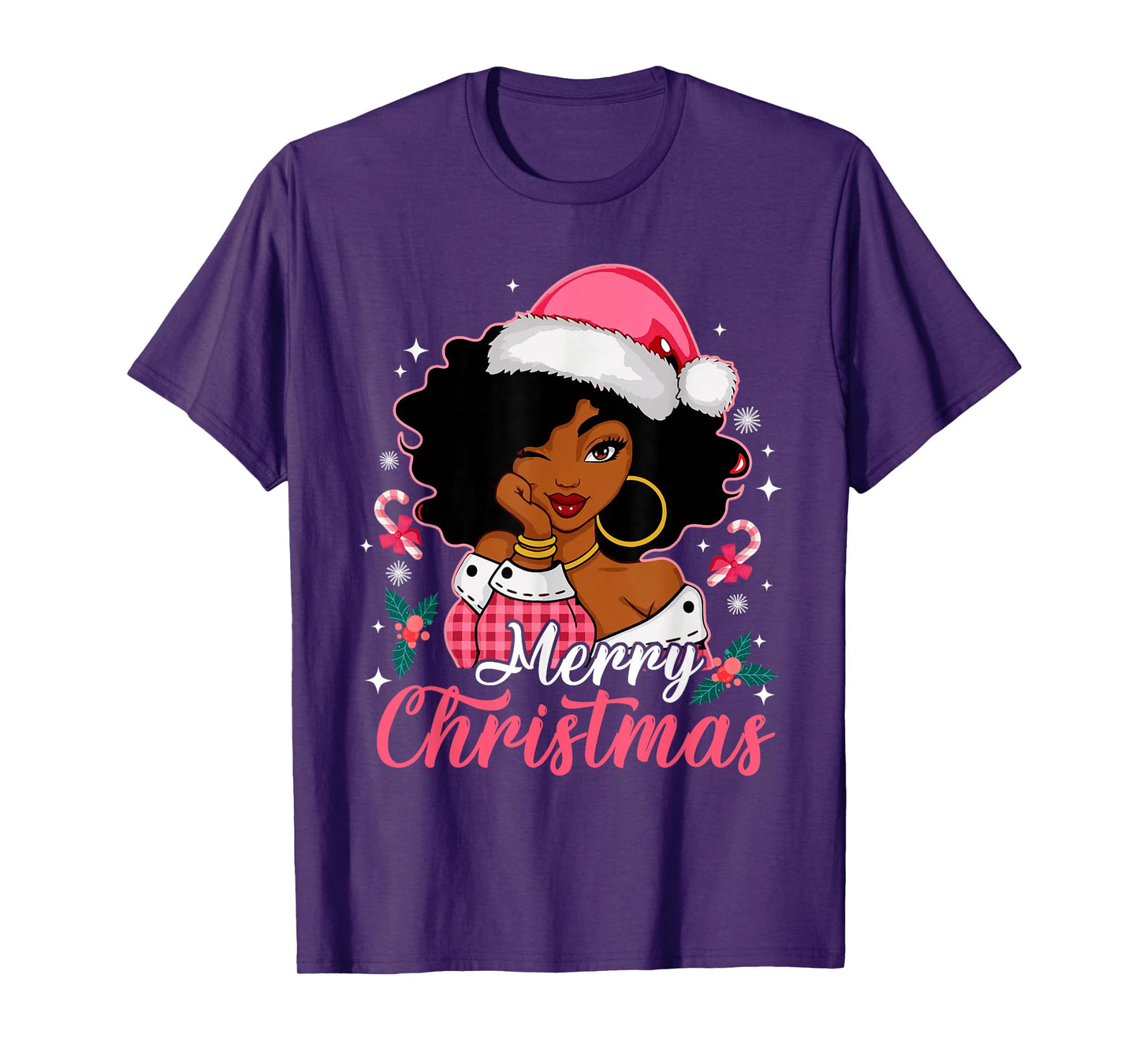 Merry Christmas Black Afro African American Girl Santa Hat T-Shirt