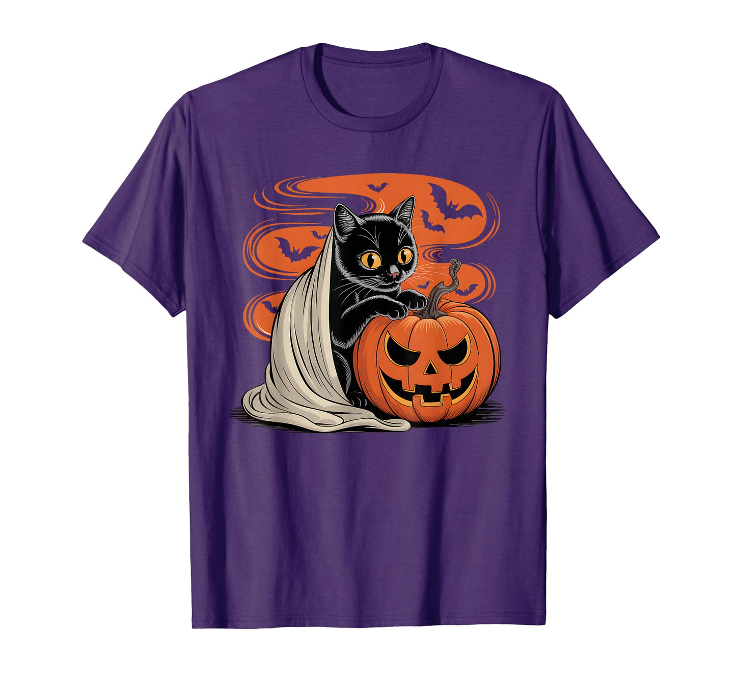 Retro Black Cat Witch Scary Halloween Pumpkin Women Men Kids T-Shirt