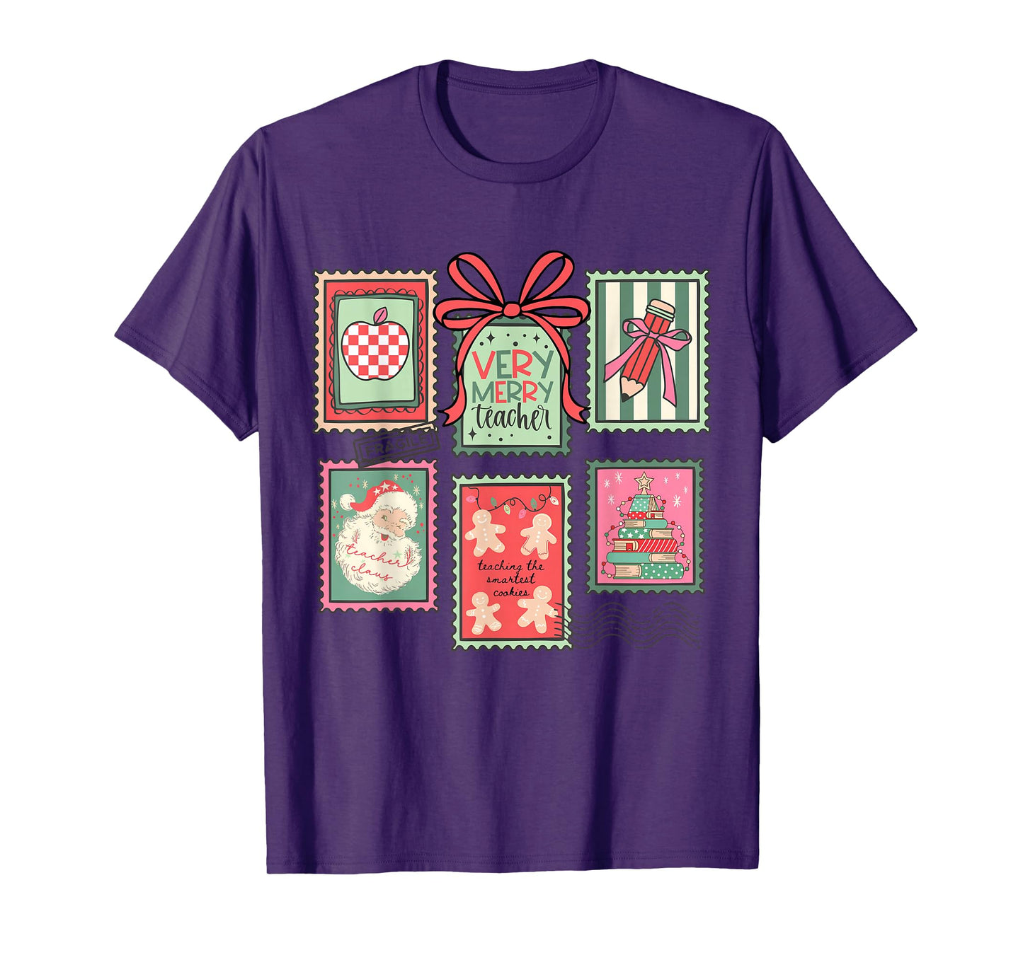 Vintage Preppy Very Merry Teacher Santa Stamps Christmas T-Shirt