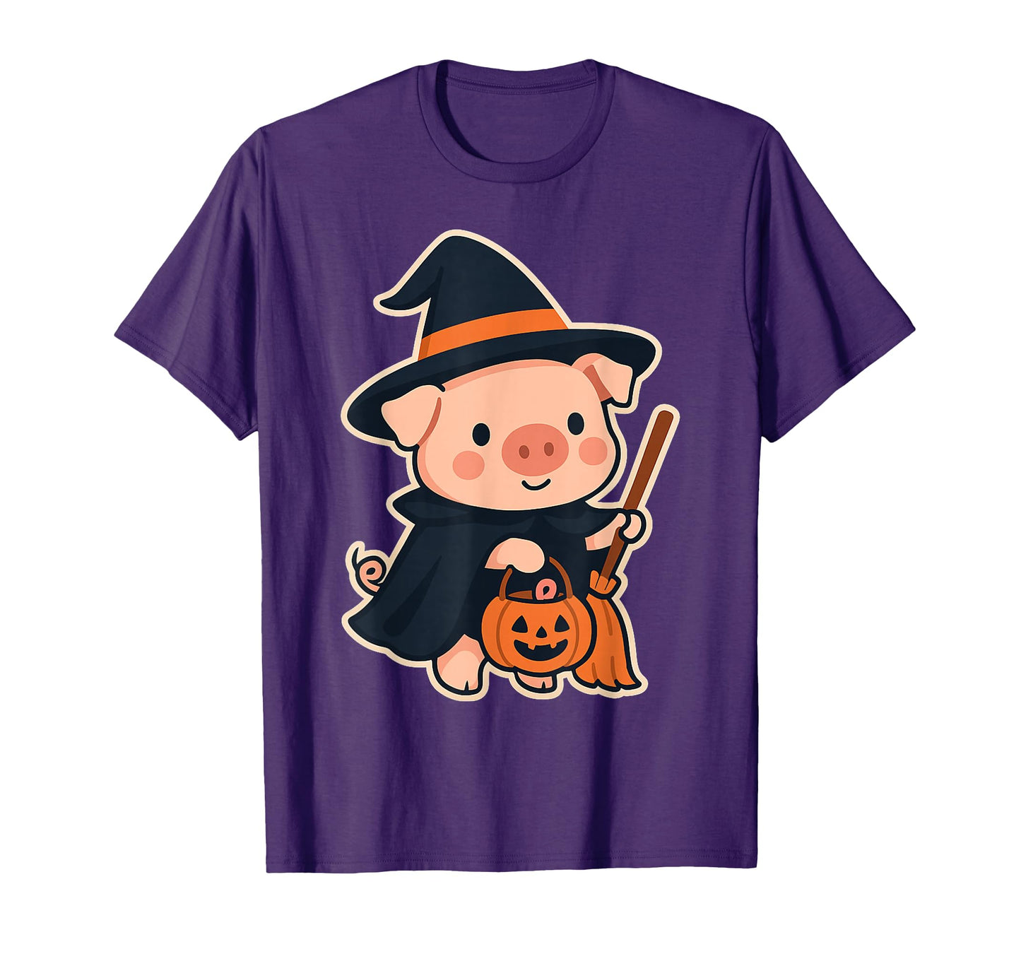 Cute Witch Pig Halloween Outfit with Broom and Pumpkin T-Shirt