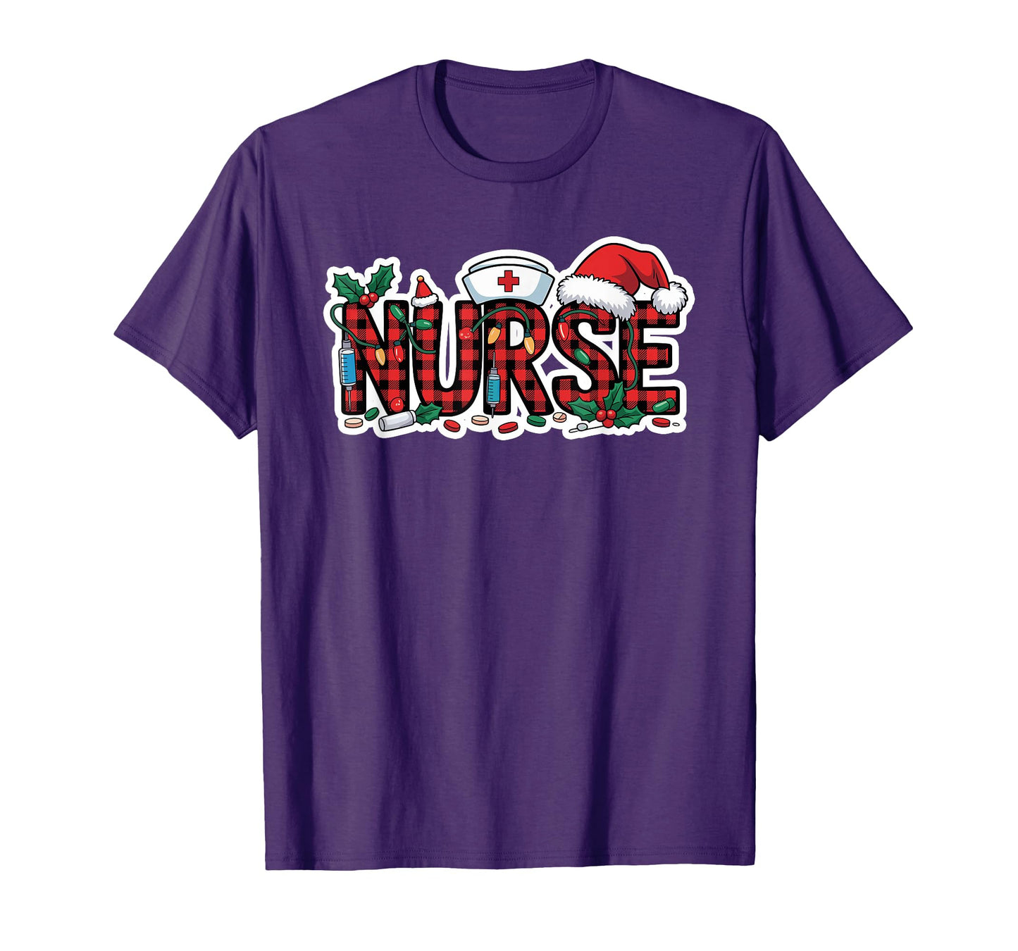 Christmas Nurse Buffalo Plaid Santa Hat Christmas Lights T-Shirt