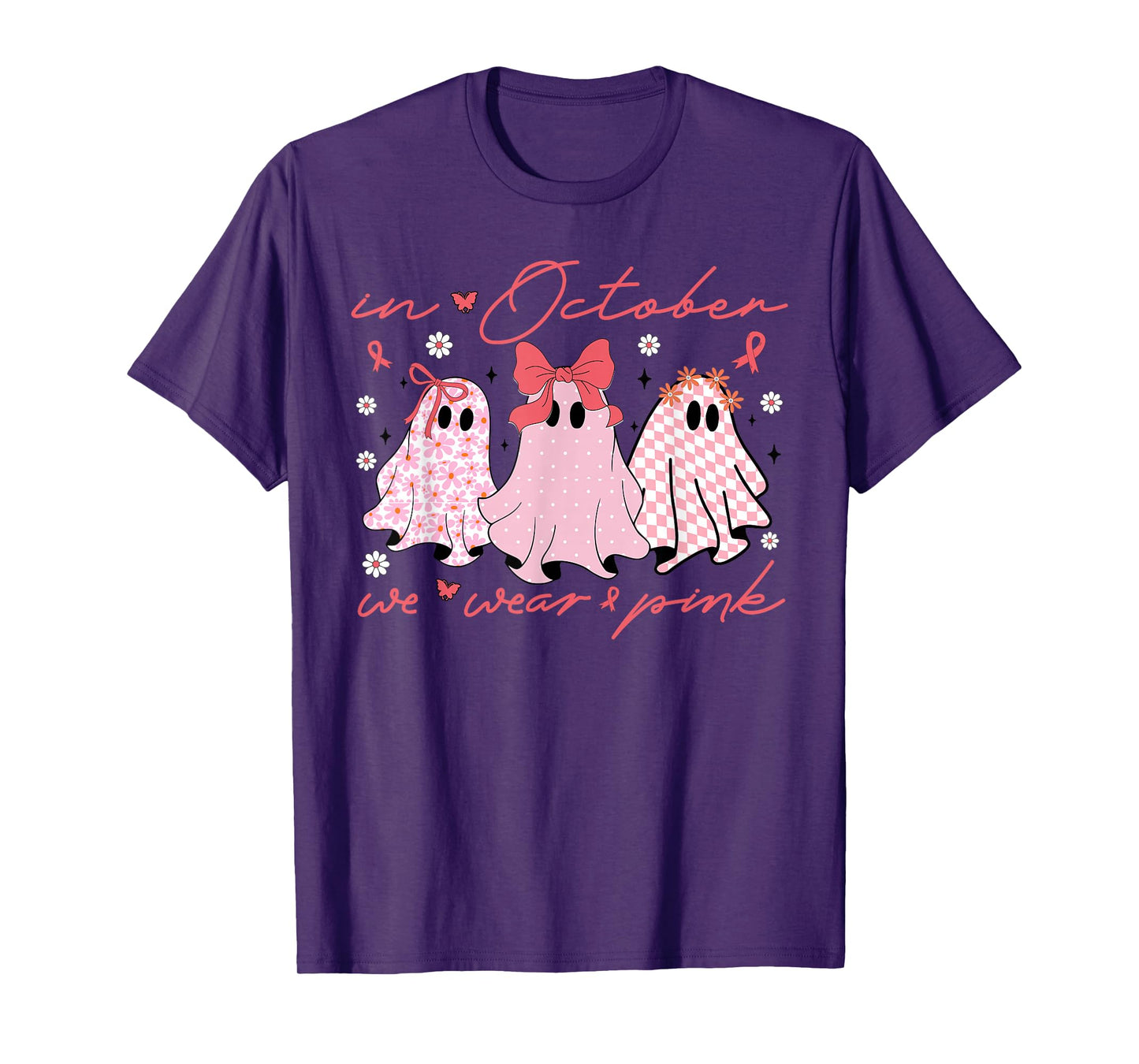 in October We Wear Pink Coquette Ghost Bow Breast Cancer T-Shirt