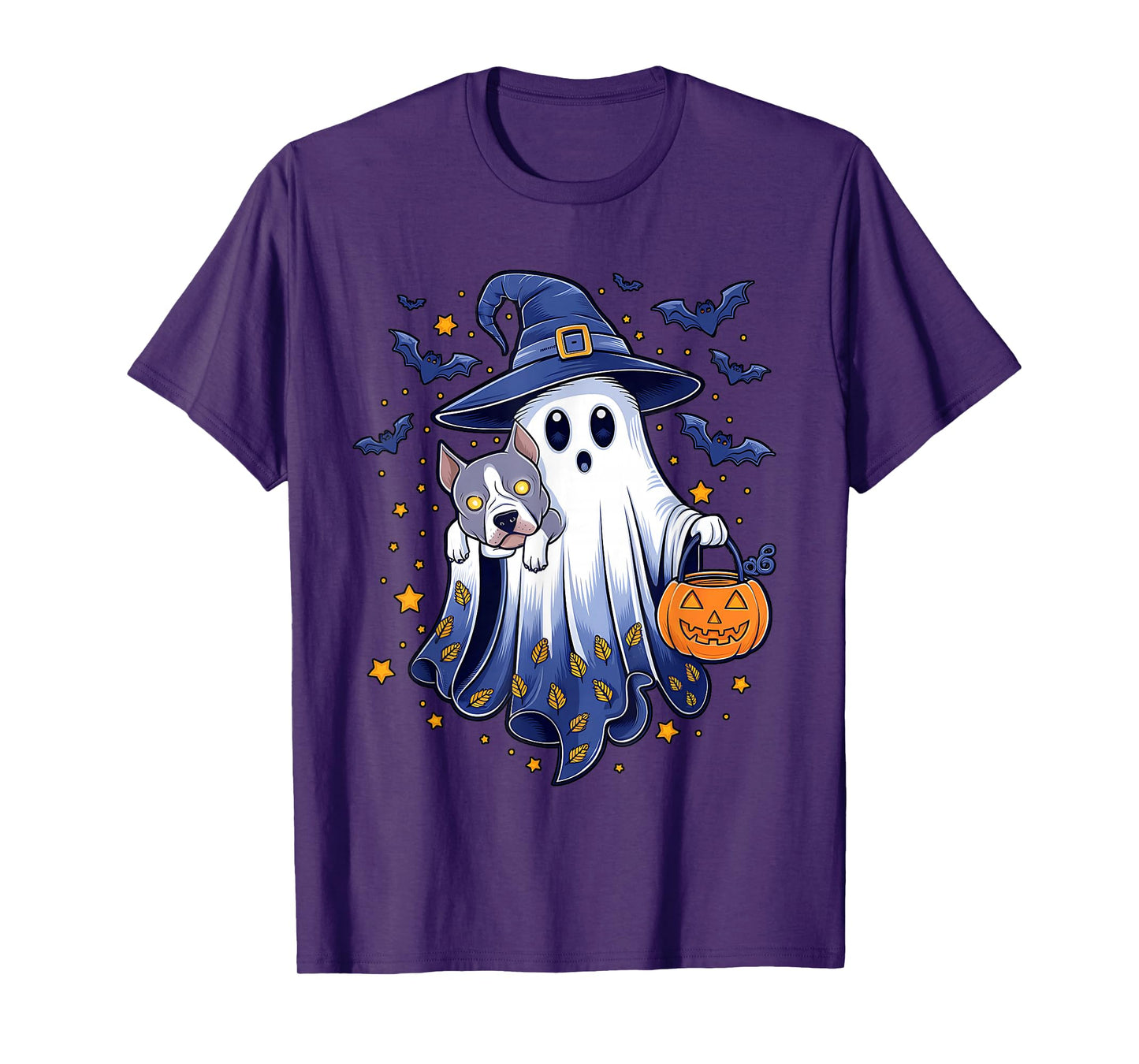 Ghost Witch Holding Pitbull Dog Pumpkins Vintage Halloween T-Shirt