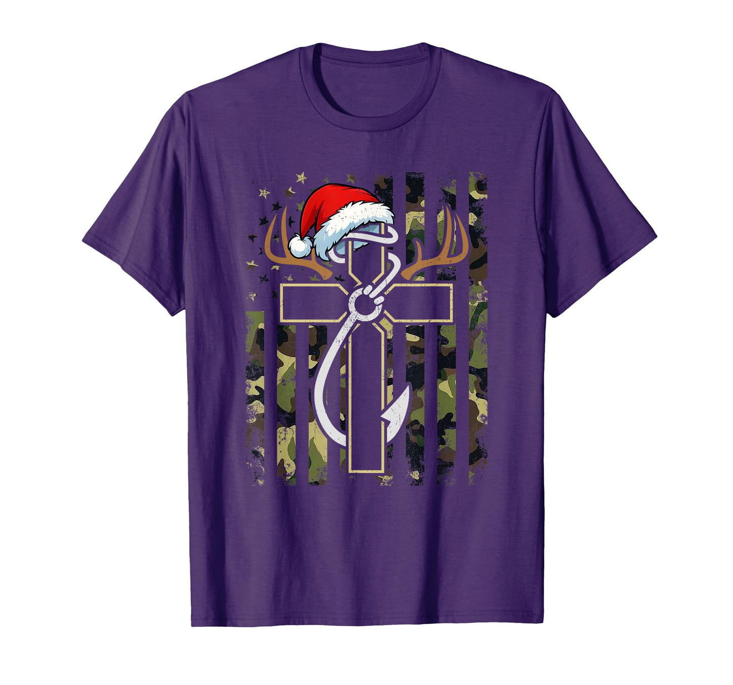 Hunting Fishing Faith Cross Santa Hat Deer Antlers Hook Flag T-Shirt