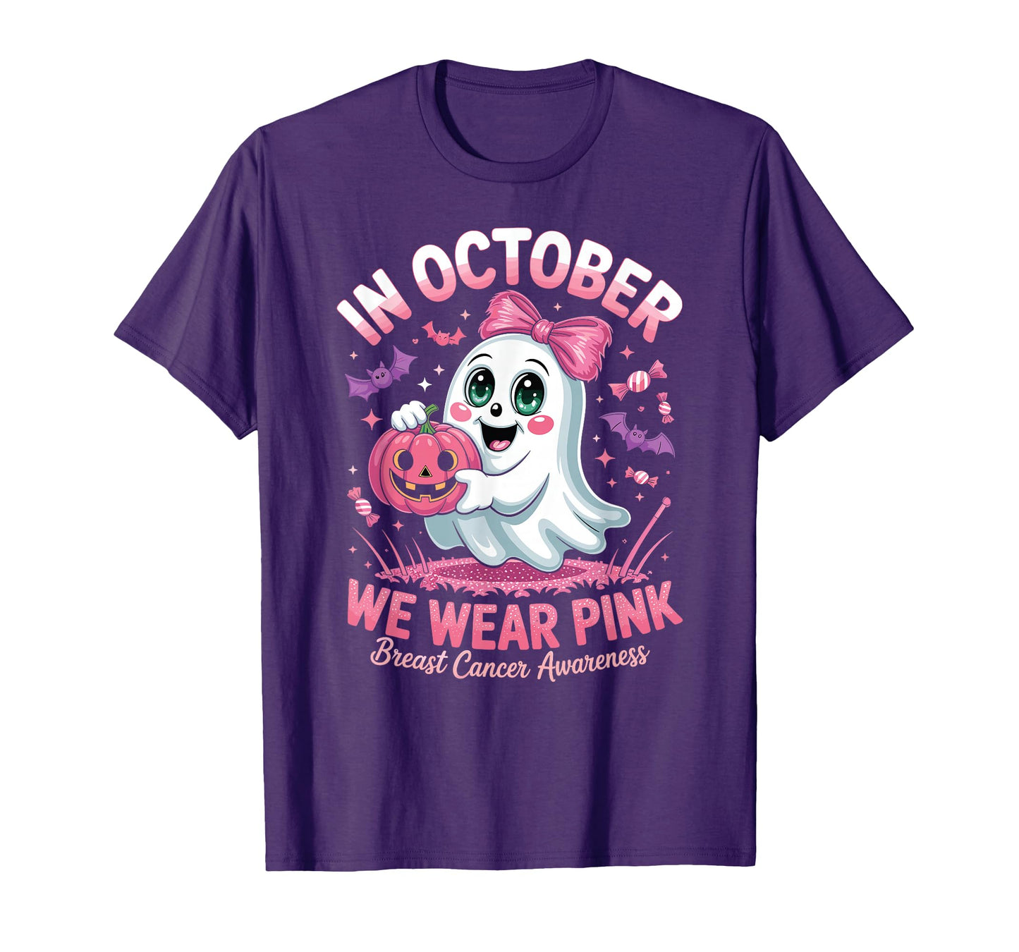 in October We Wear Pink Ghost Witch Breast Cancer Awareness T-Shirt
