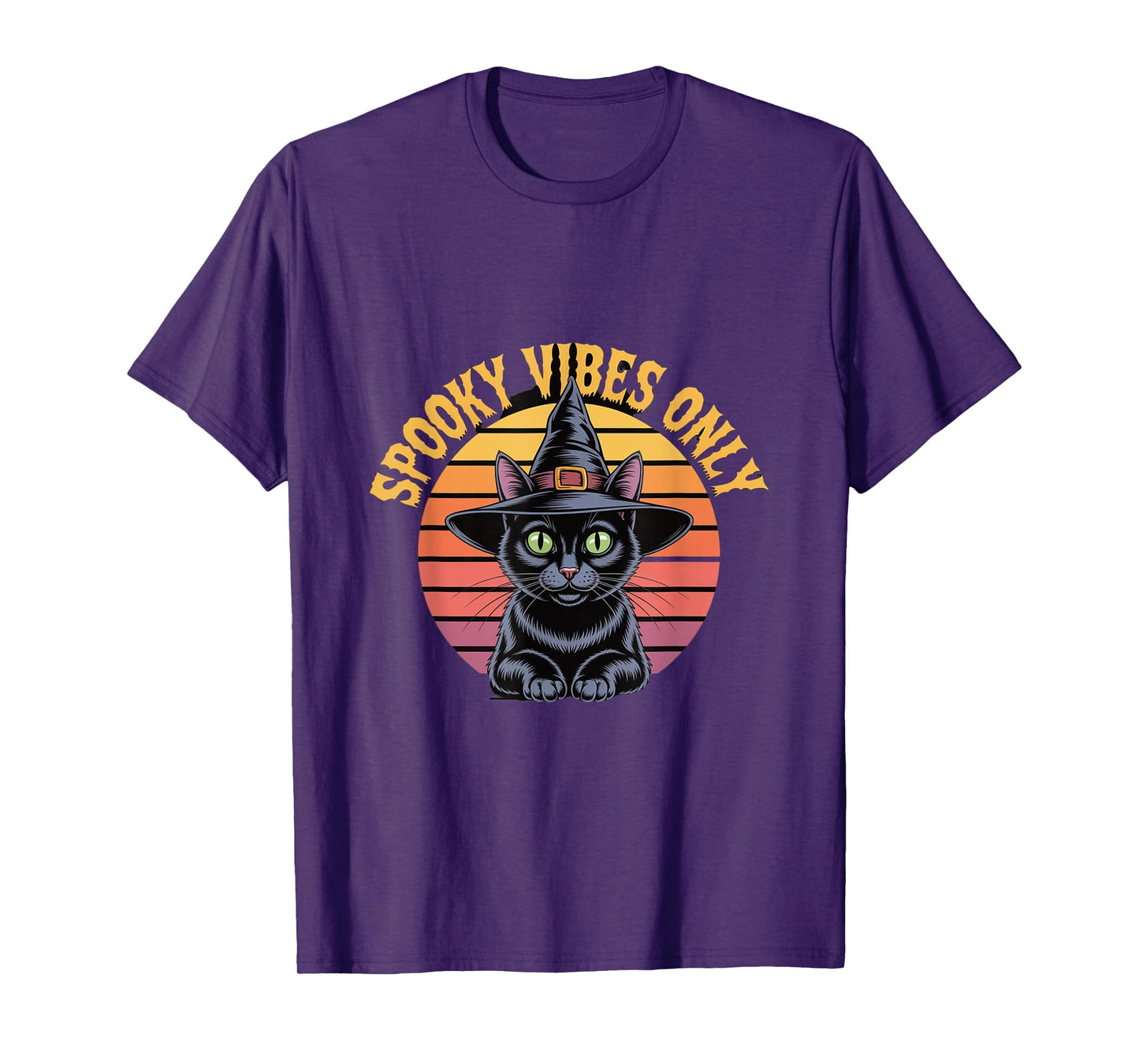 Spooky Vibes Only Cat Witch Hat Sunset Halloween T-Shirt