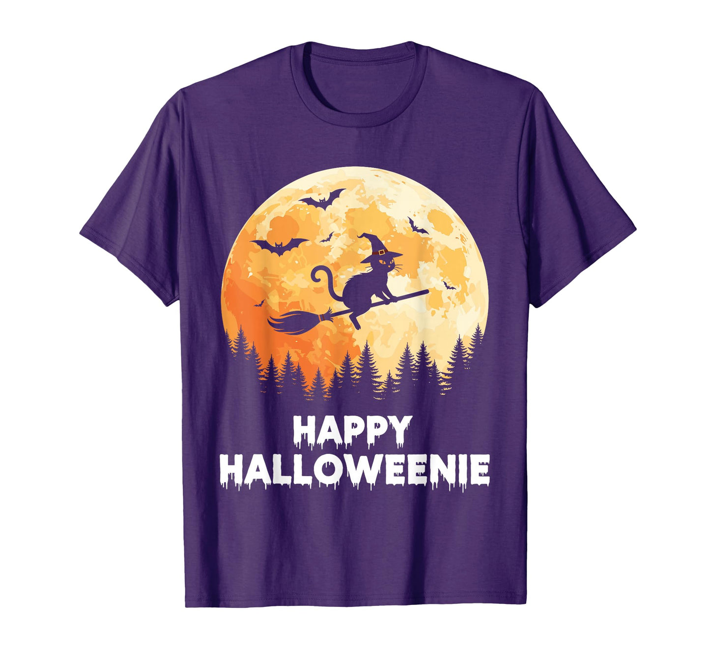 Happy Halloweenie Funny Halloween Cat Flying Witch T-Shirt