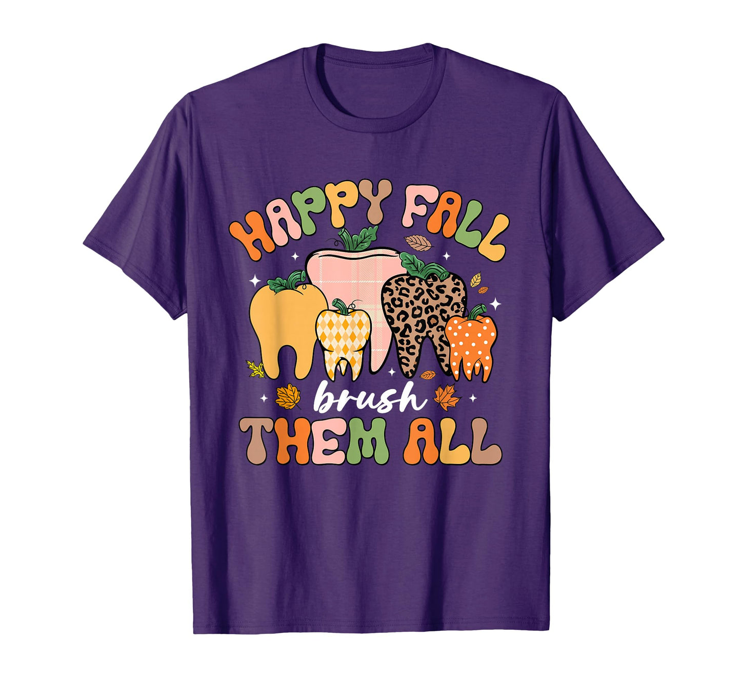 Happy Fall Brush Them All Tooth Pumpkin Leopard Funny Dental T-Shirt