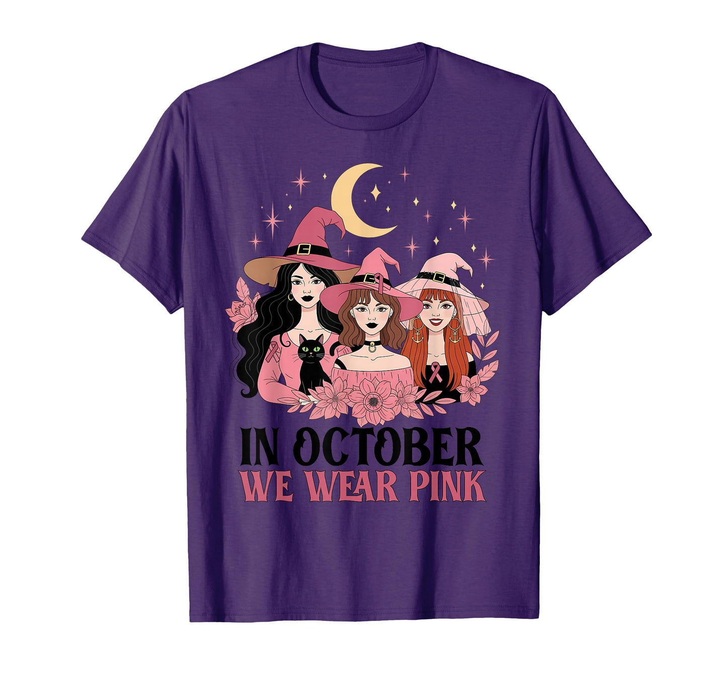 in October We Wear Pink Witch Breast Cancer Awareness Women T-Shirt