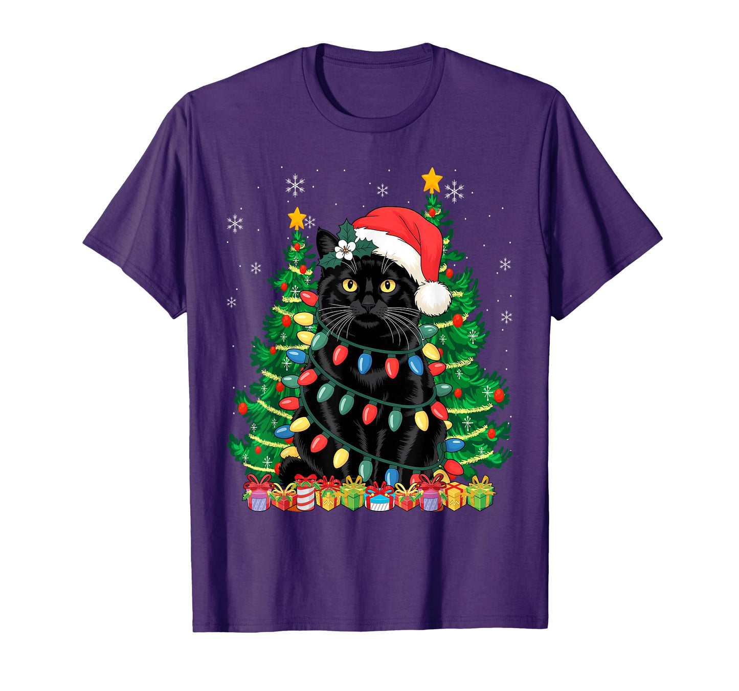 Santa Black Cat Tangled Up in Christmas Tree Lights T-Shirt