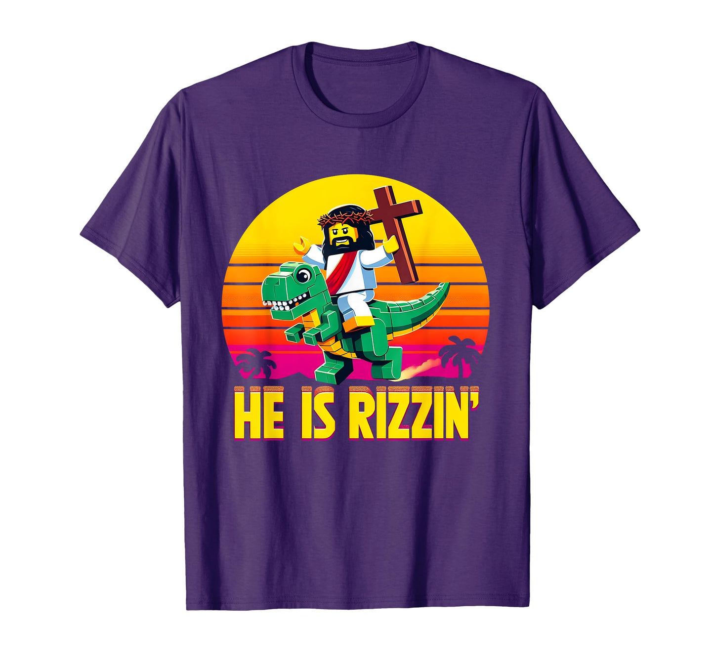 He Is Rizzen Jesus Has Rizzen Retro Christian Pixel Dinosaur T-Shirt