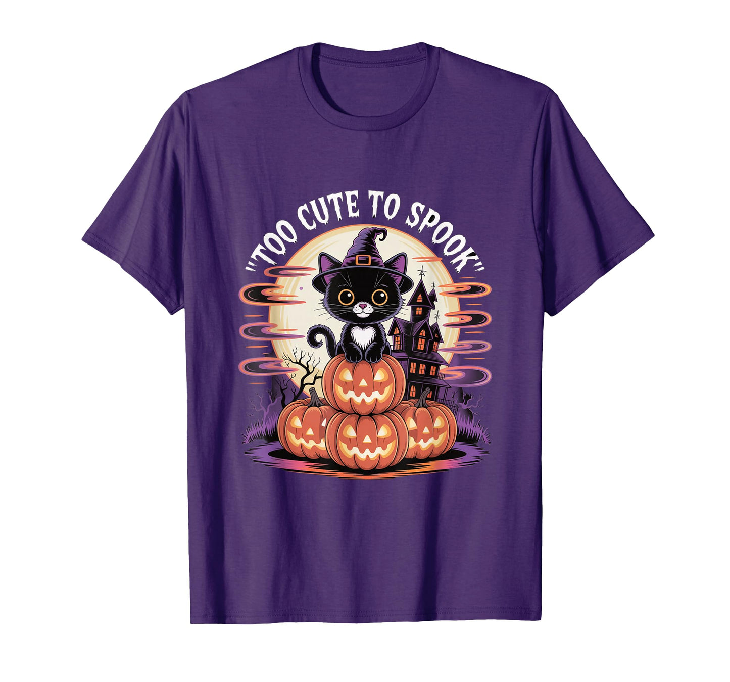 Too Cute to Spook Cat Pumpkins Horror House Halloween T-Shirt