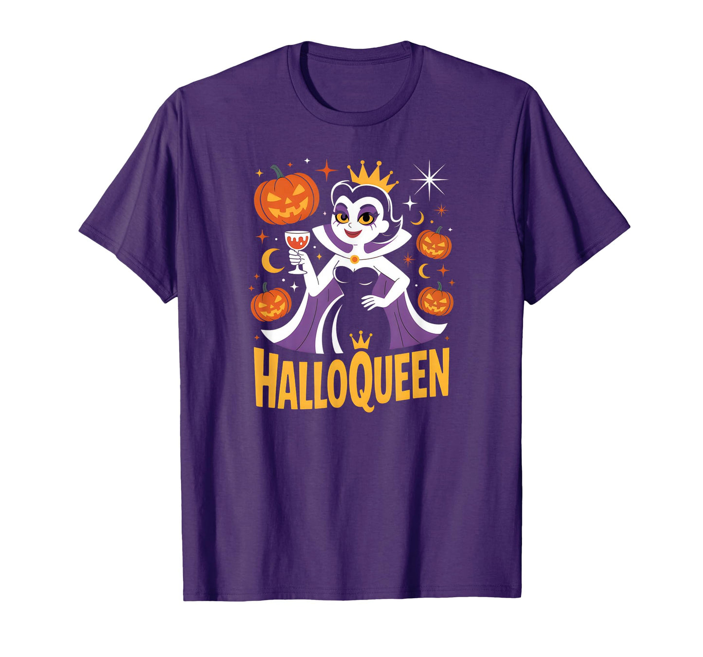 HalloQueen Retro Vampire Queen Halloween Pumpkins Bats Stars T-Shirt