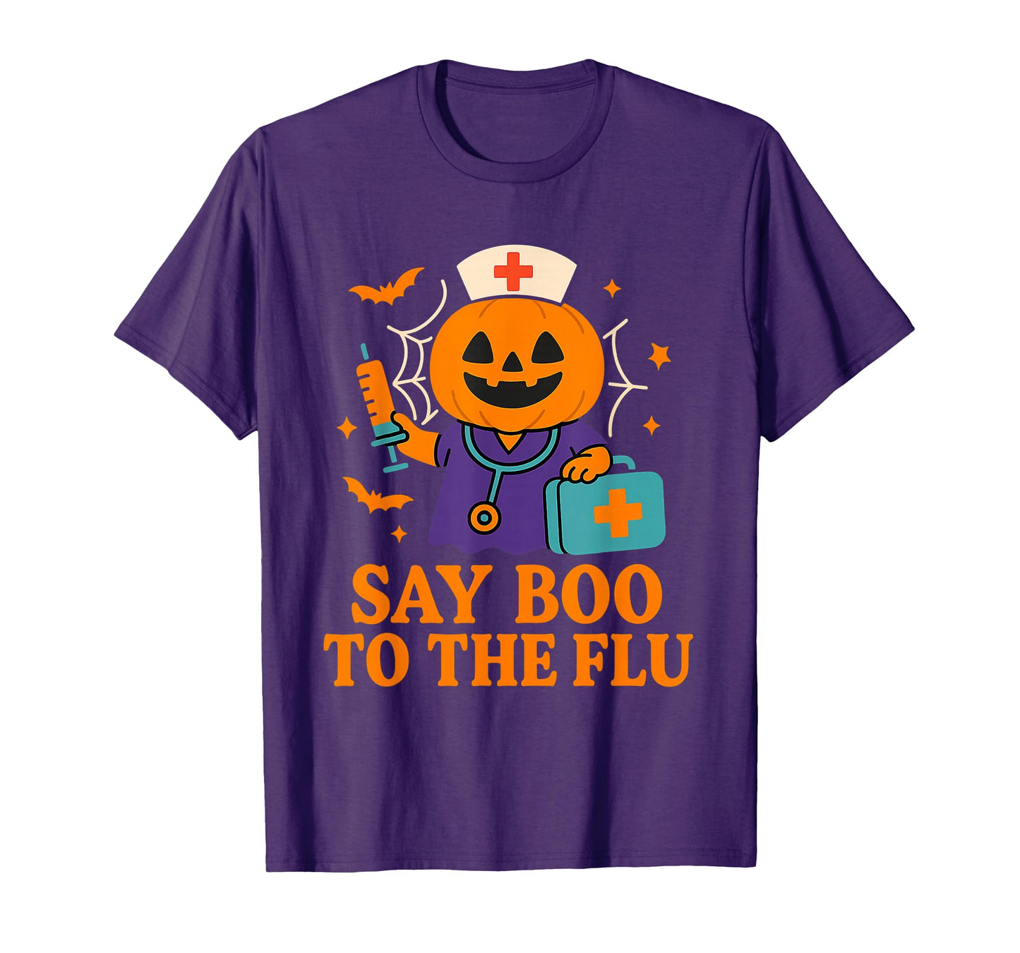 Say Boo to The Flu Nurse Halloween Vaccine Pumpkin Crew T-Shirt