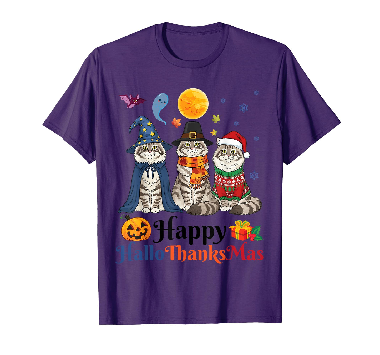 HalloThanksMas Siberian Cat Halloween Thanksgiving Christmas T-Shirt