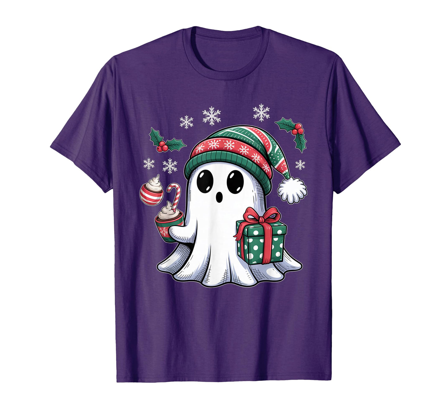 Cute Christmas Ghost Spirit with Santa Hat Coffee and Gift T-Shirt