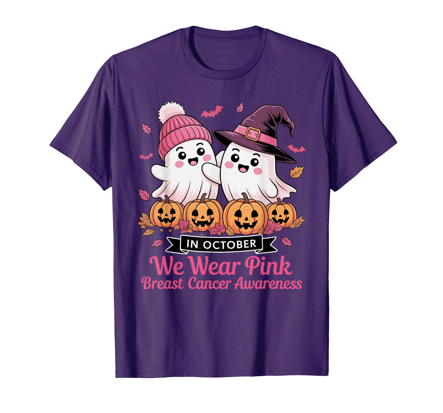 in October We Wear Pink Ghost Witch Breast Cancer Awareness T-Shirt