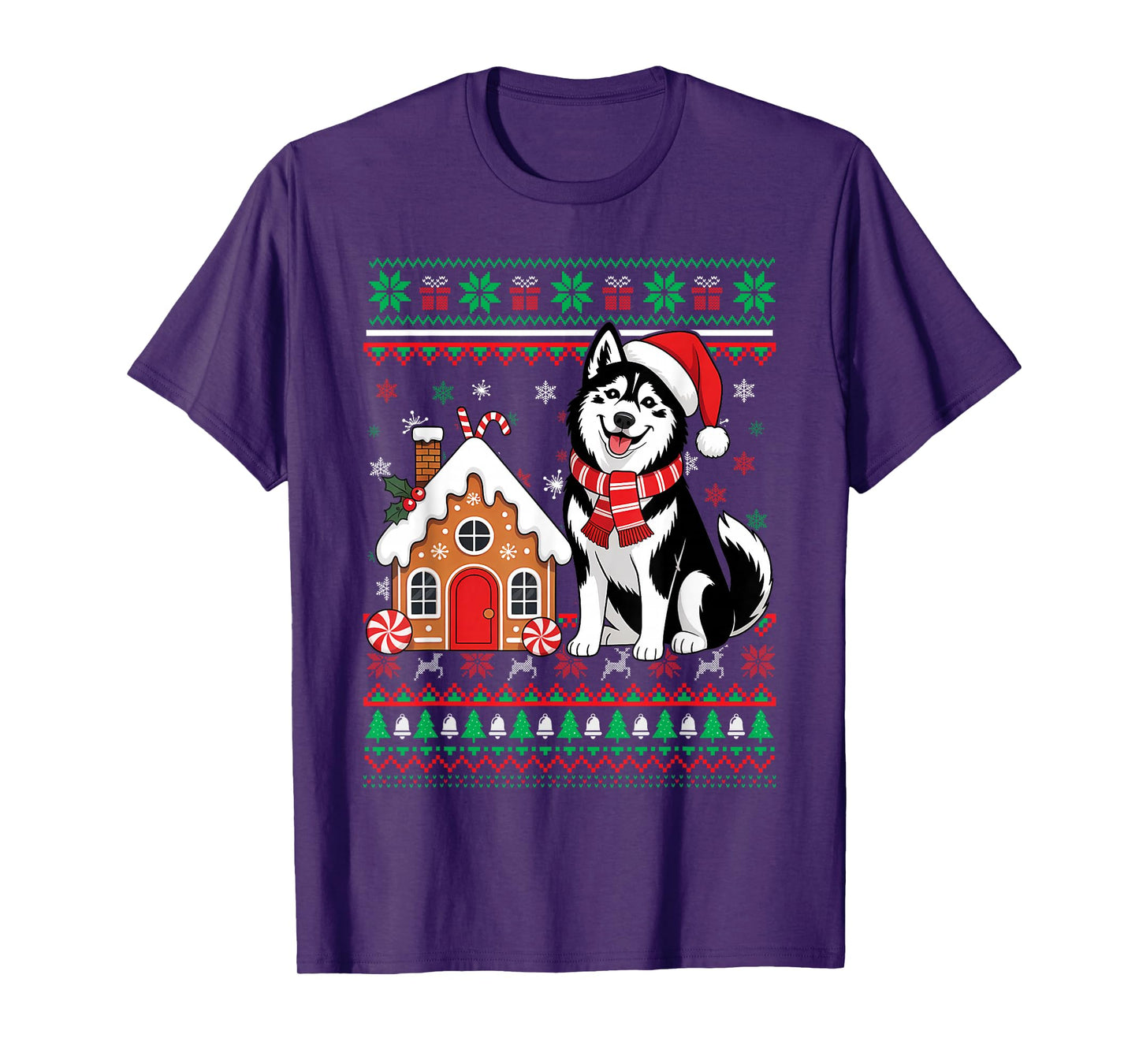 Christmas Ugly Sweater Siberian Husky Santa Hat Reindeers T-Shirt