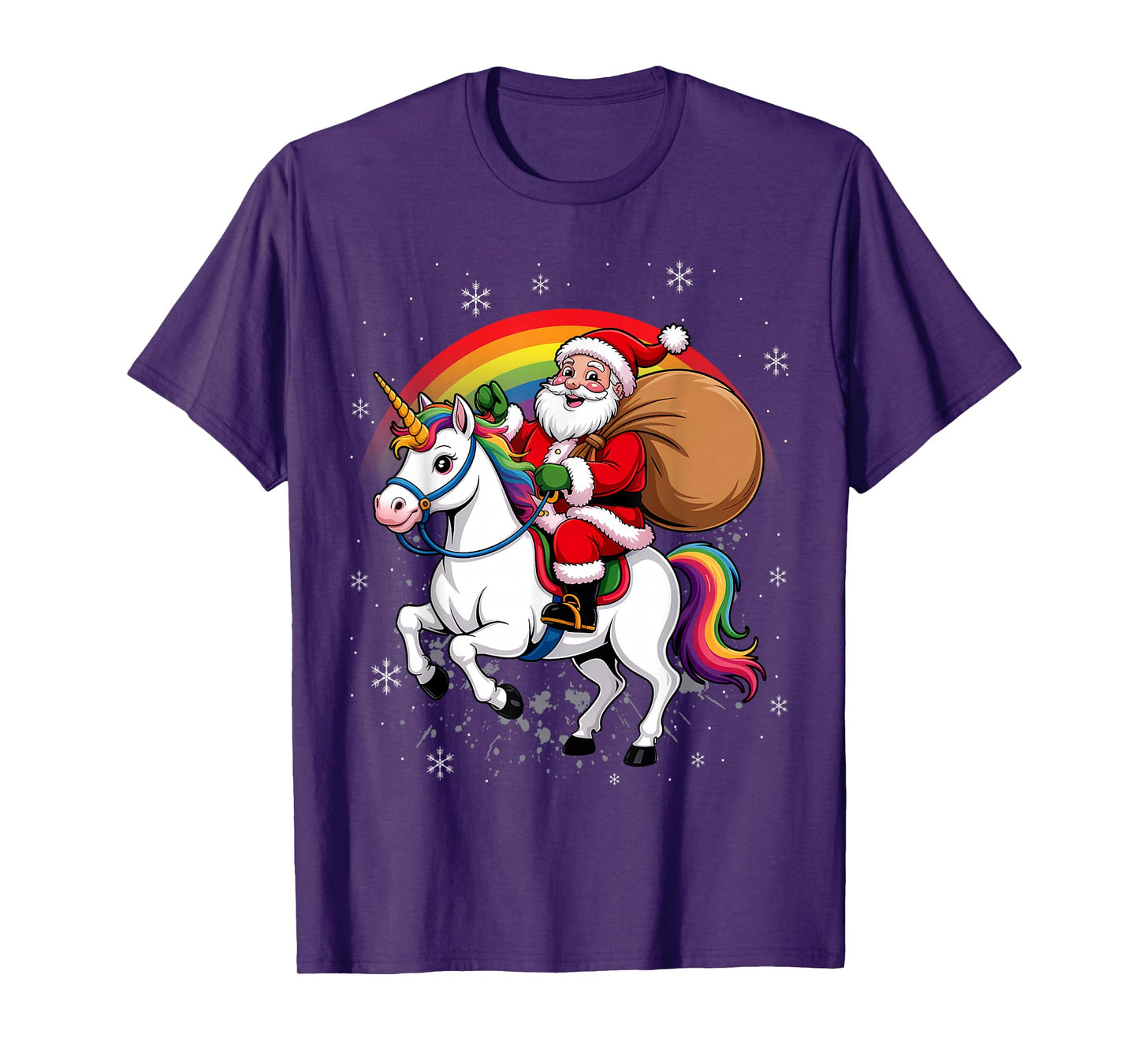 Santa Riding Unicorn & Rainbow Funny Cute Christmas T-Shirt