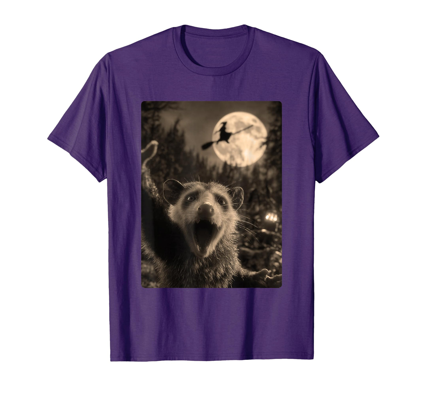 Funny Opossum Selfie Full Moon Flying Witch Forest Halloween T-Shirt