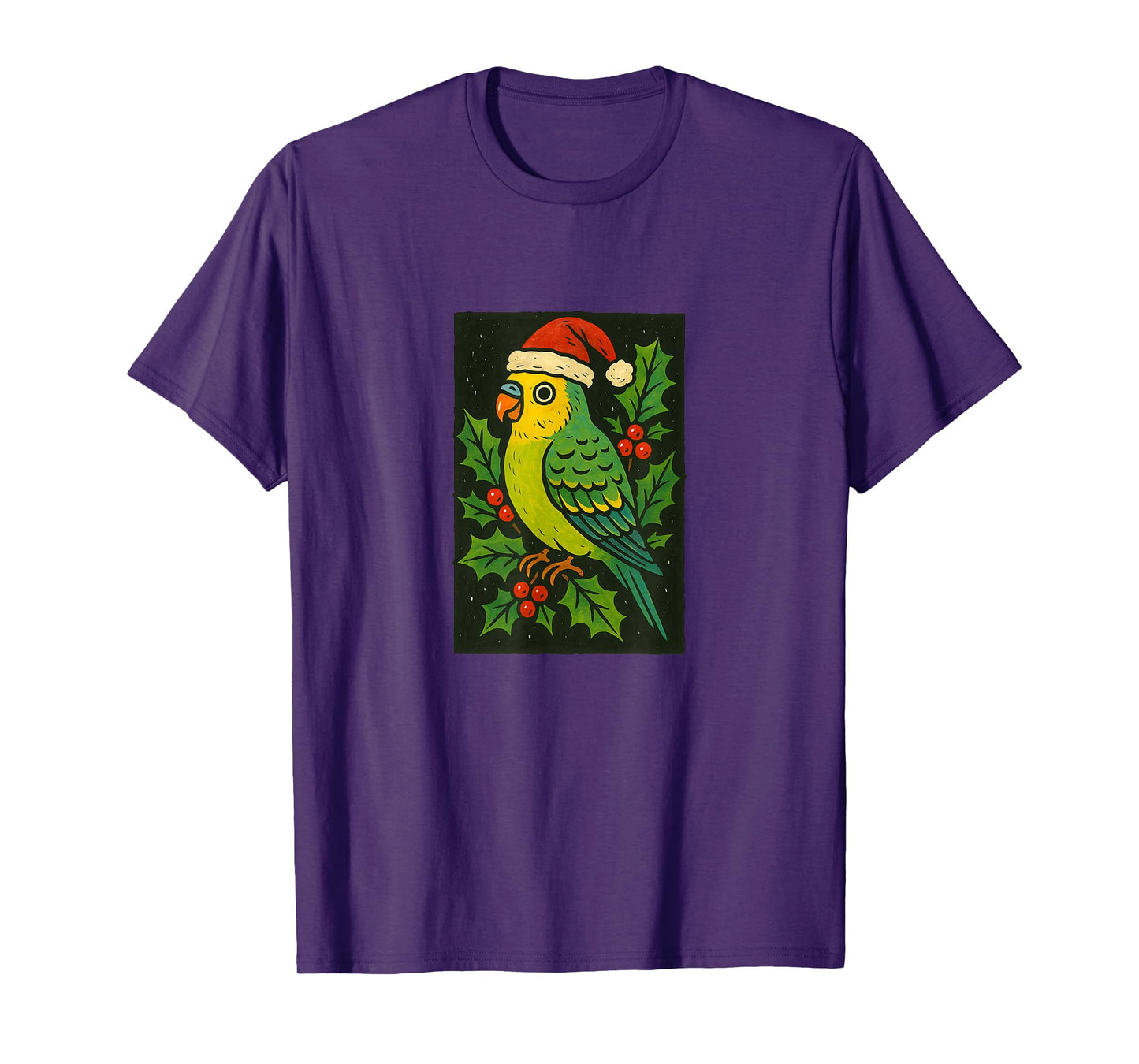 Parakeet in Santa Hat with Christmas Holly T-Shirt