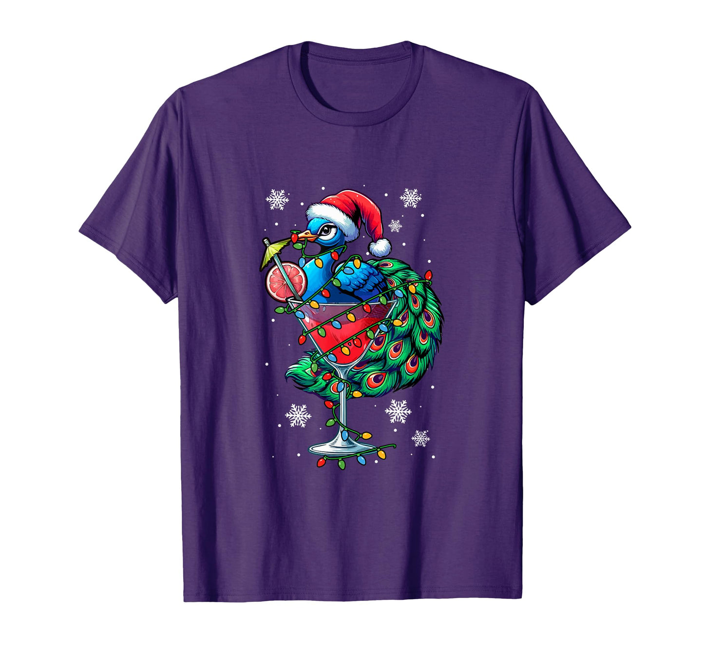 Santa Peacock On Cocktail Glasses Christmas Colorful Lights T-Shirt