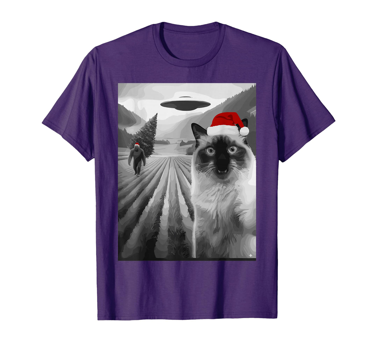 Christmas Cat Bigfoot UFO Santa Hat Funny Retro T-Shirt