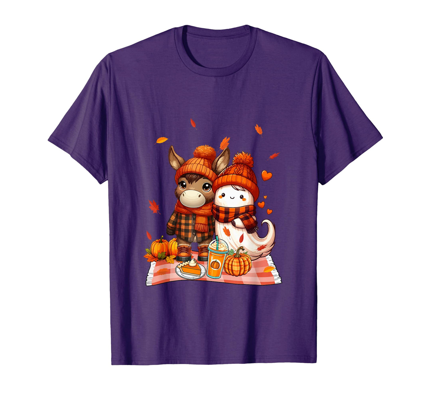 Donkey with Boo Halloween Thanksgiving Fall Leaves Pumpkins T-Shirt