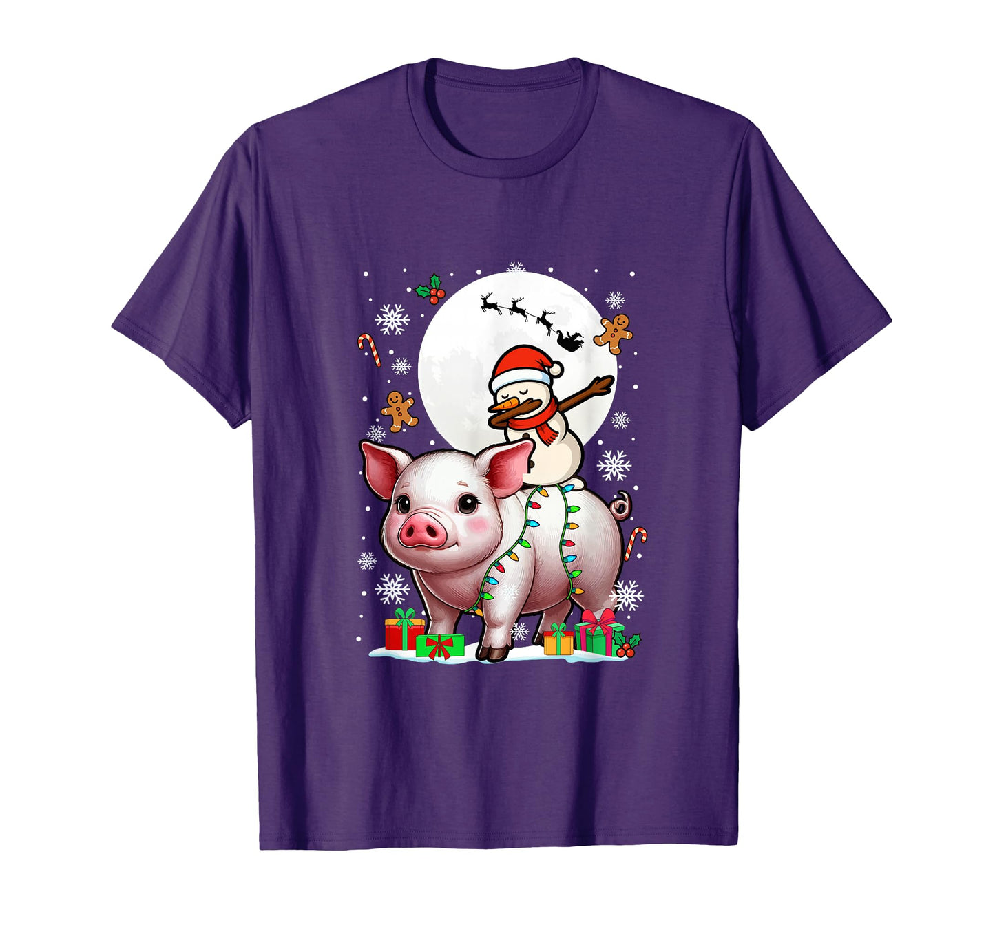 Dabbing Snowman On Pig Christmas Santa Colorful Lights T-Shirt