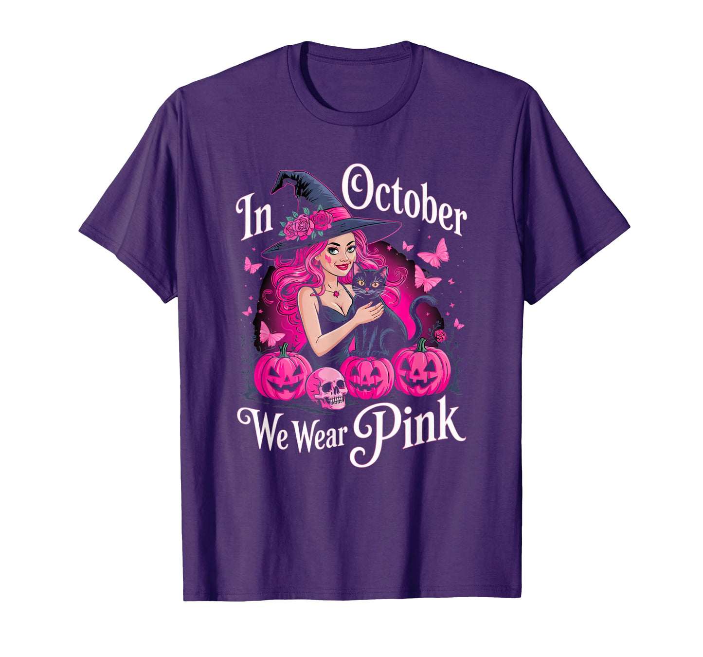 Retro in October We Wear Pink Witch Breast Cancer Awareness T-Shirt